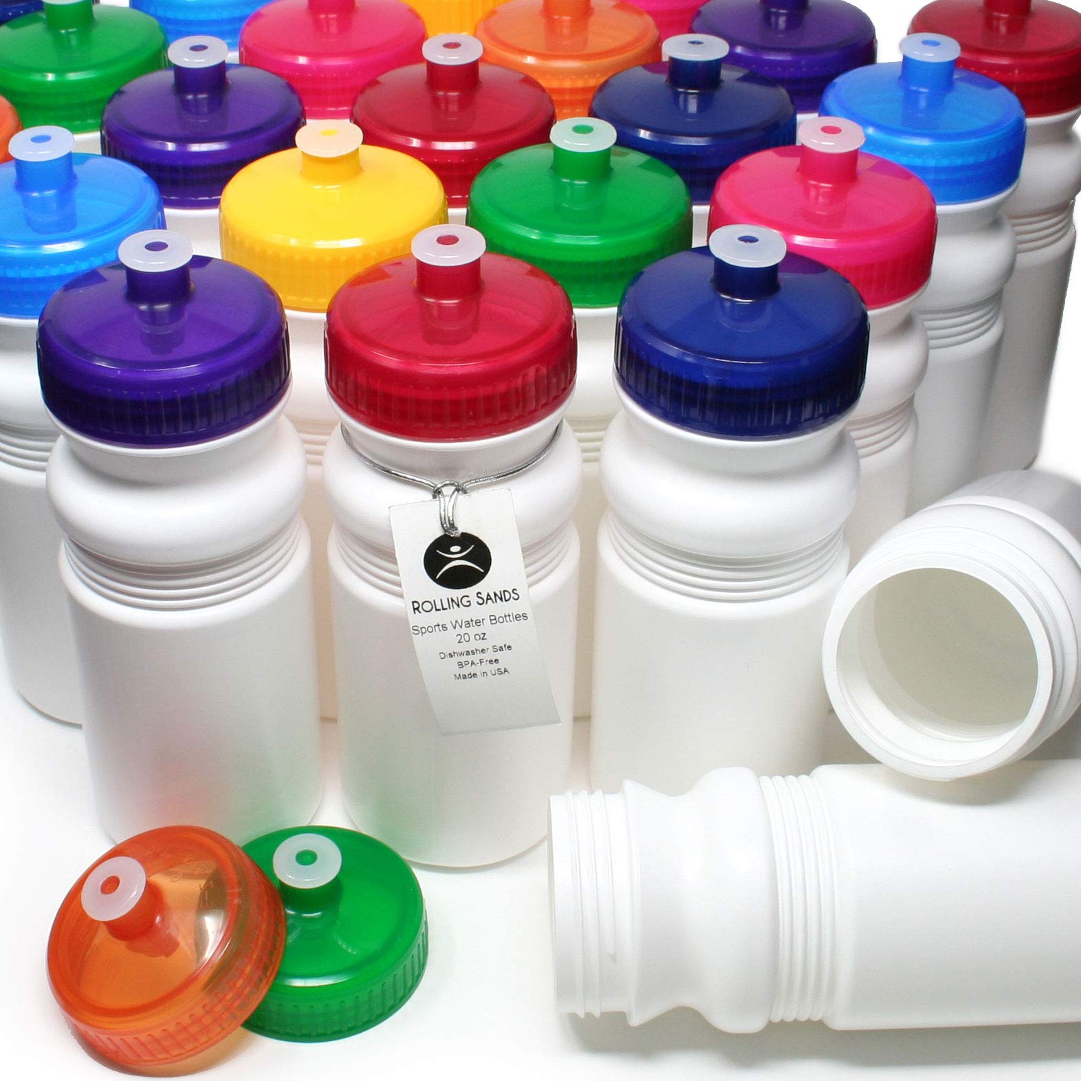 Rolling Sands 20oz BPA-Free Sports Water Bottles 100 Pack - Made in USA, Dishwasher Safe - Perfect for Gym, Office, School & Outdoor Activities
