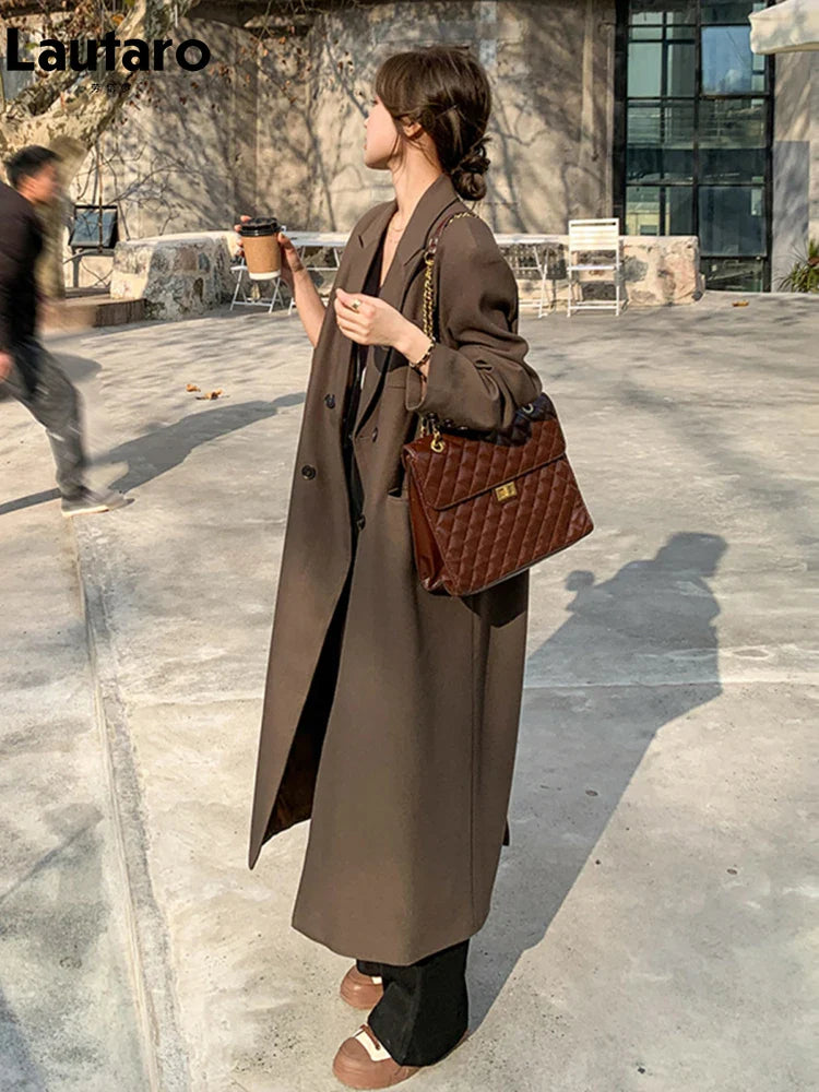 Women's Autumn Long Coffee Flowy Blazer Coat - Double Breasted Loose Casual Korean Fashion Overcoat with High Back Slit | Perfect for Office Wear, Date Nights & Fall Layering 2024