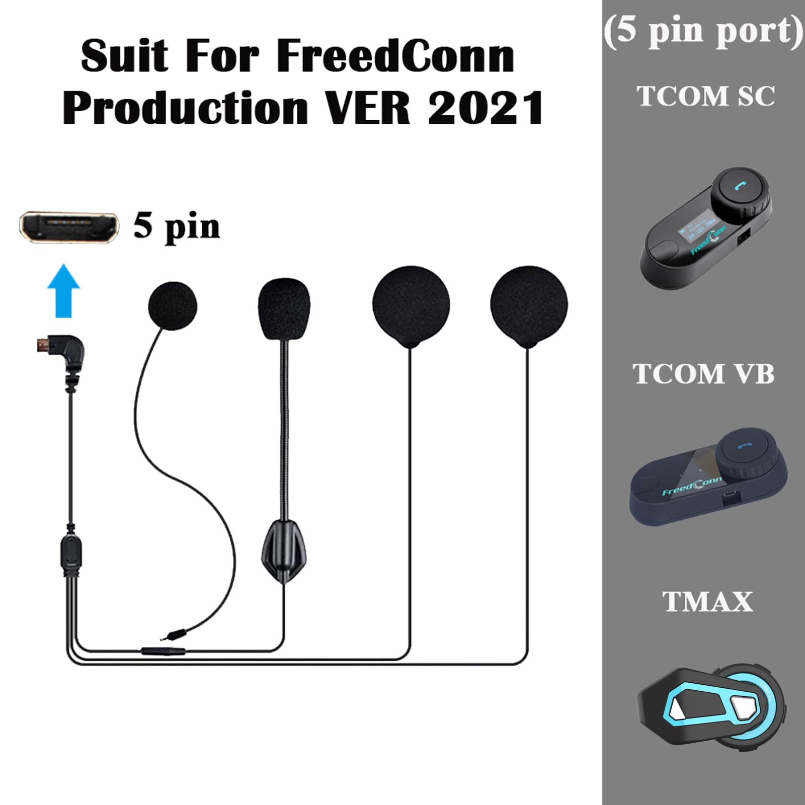 FreedConn Motorcycle Bluetooth Intercom Headset with Microphone - Compatible with TCOM VB & TCOM SC TMAX Helmets, 0.5m Micro USB 5-Pin Interface - Perfect for Group Riding, GPS Navigation & Hands-Free Communication