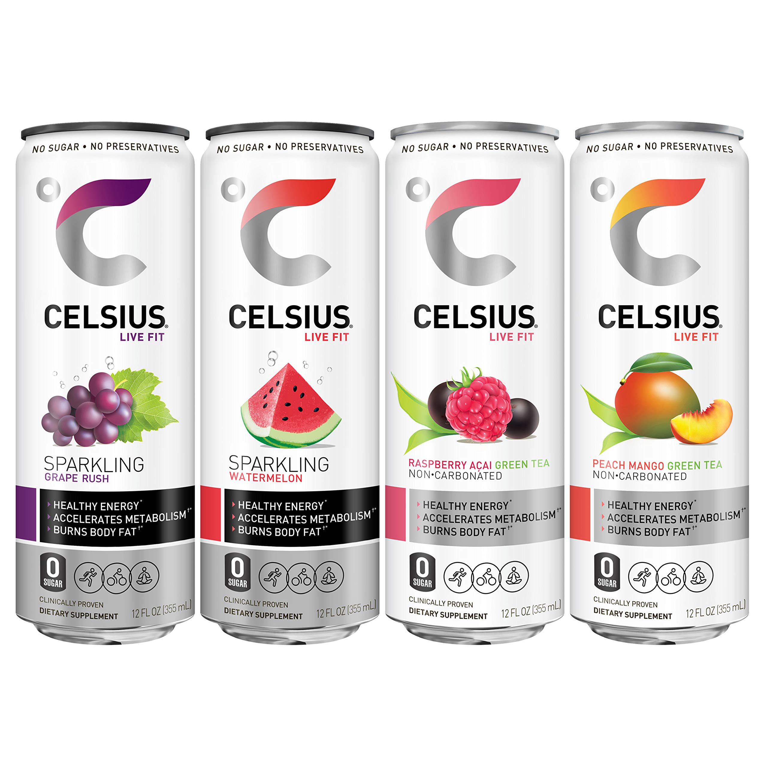 CELSIUS Fitness Drink 4-Flavor Variety Pack - Zero Sugar Energy Drinks, 12oz Slim Cans (12 Pack) - Pre-Workout & Post-Workout Hydration for Athletes & Gym Lovers