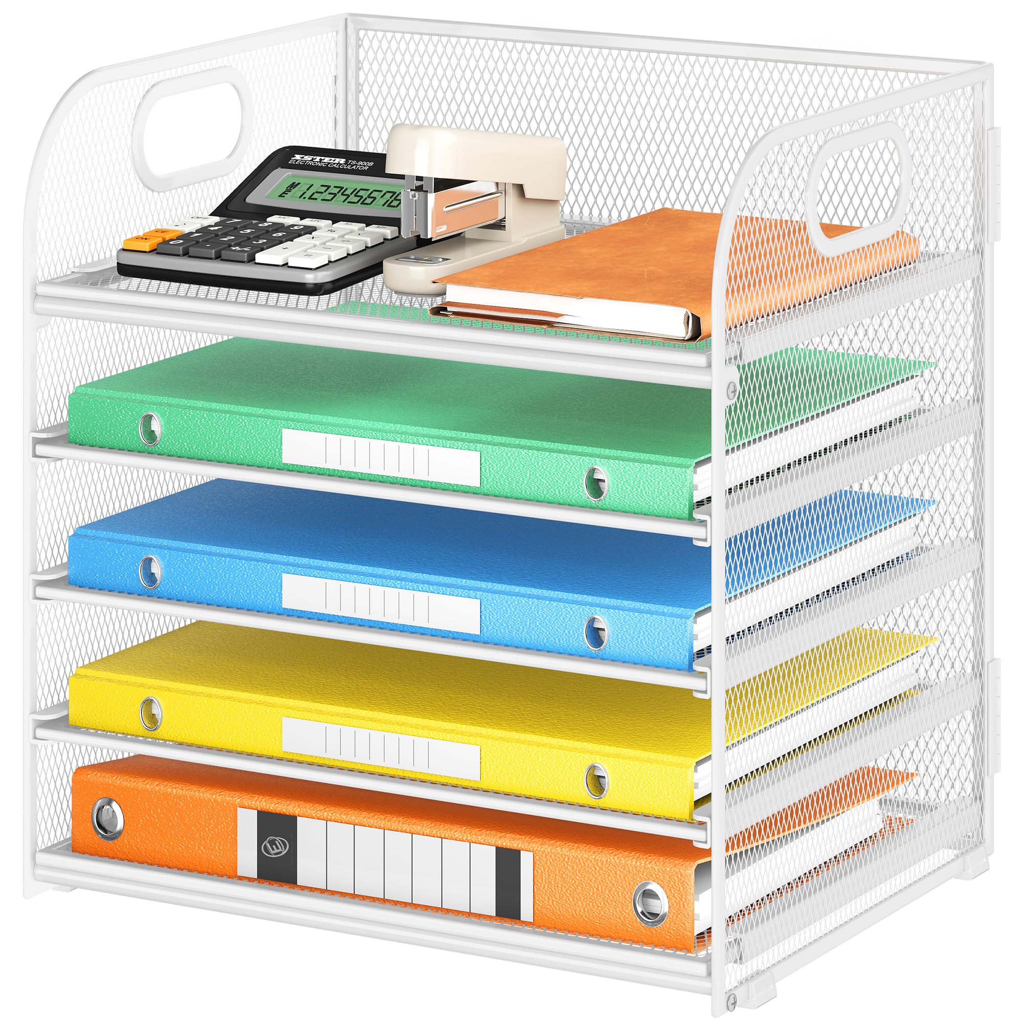 Lavatino 5-Tier Mesh Desk Organizer with Handle - White Letter Tray, File Sorter for Office, Home & School - Perfect for Mail, Documents, Bills & Office Supplies Storage