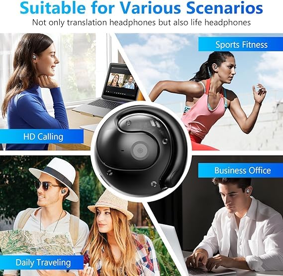 144-Language Instant Translation Earbuds - Bluetooth 5.3 Wireless Noise Cancelling Clip-On OWS Headphones with Real-Time Multi-Language Support (Black) | Perfect for Travel, Business Meetings & Language Learning