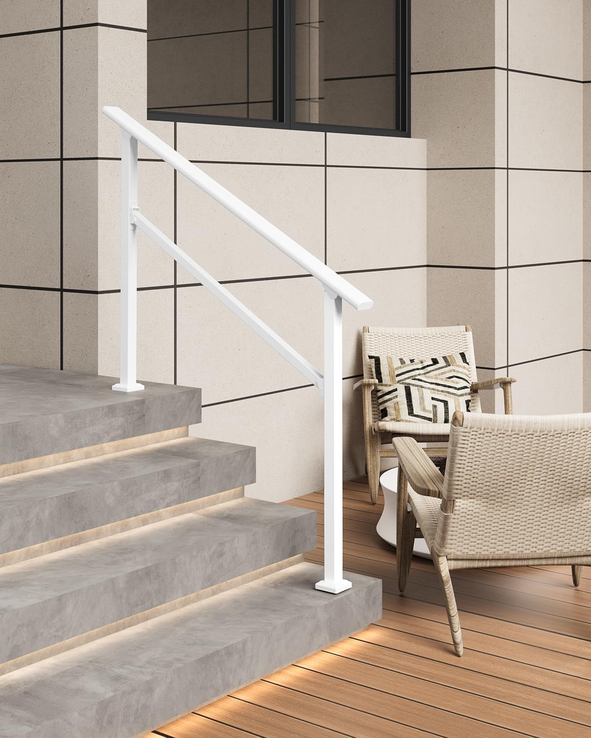 GARVEE 2-3 Step White Metal Handrail - Outdoor Stair Railing for Porch, Concrete Steps, Balcony & Deck | Heavy Duty Ground Mounted | Perfect for Home Safety & ADA Compliance