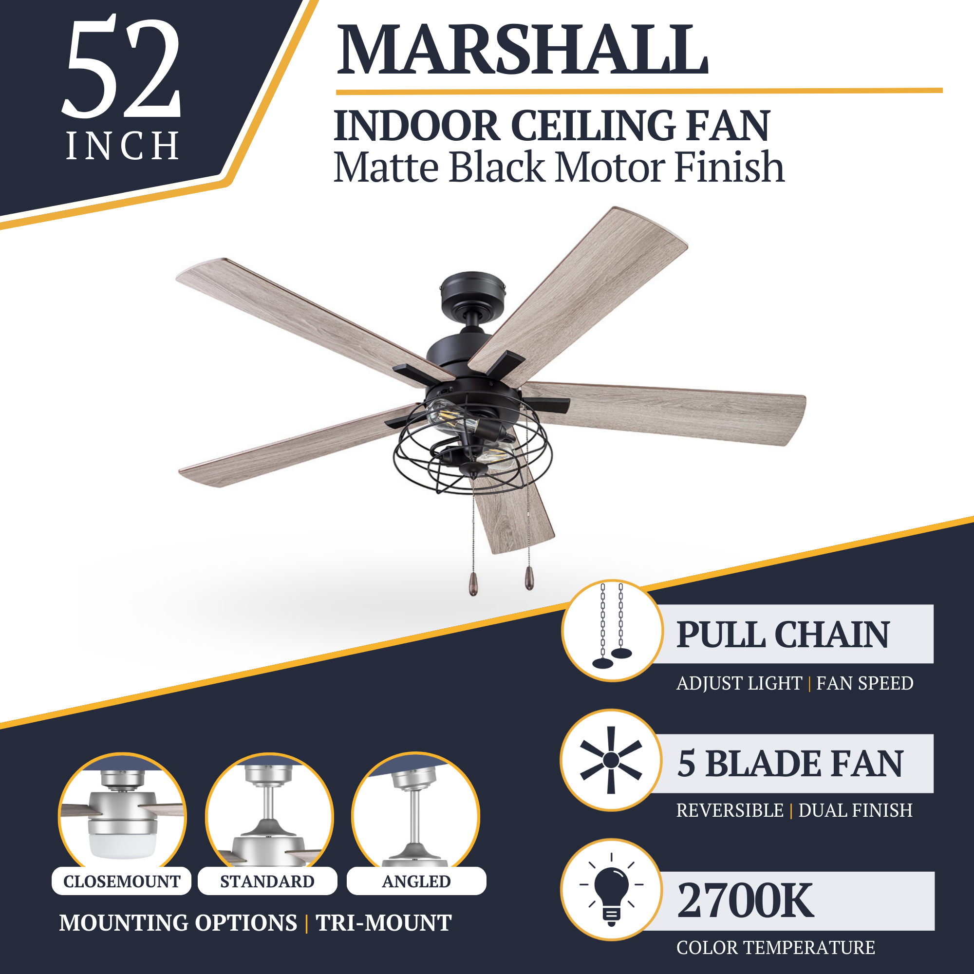 52 Inch Matte Black Ceiling Fan with Pull Chain - Marshall Style - Perfect for Living Room, Bedroom, and Outdoor Patio