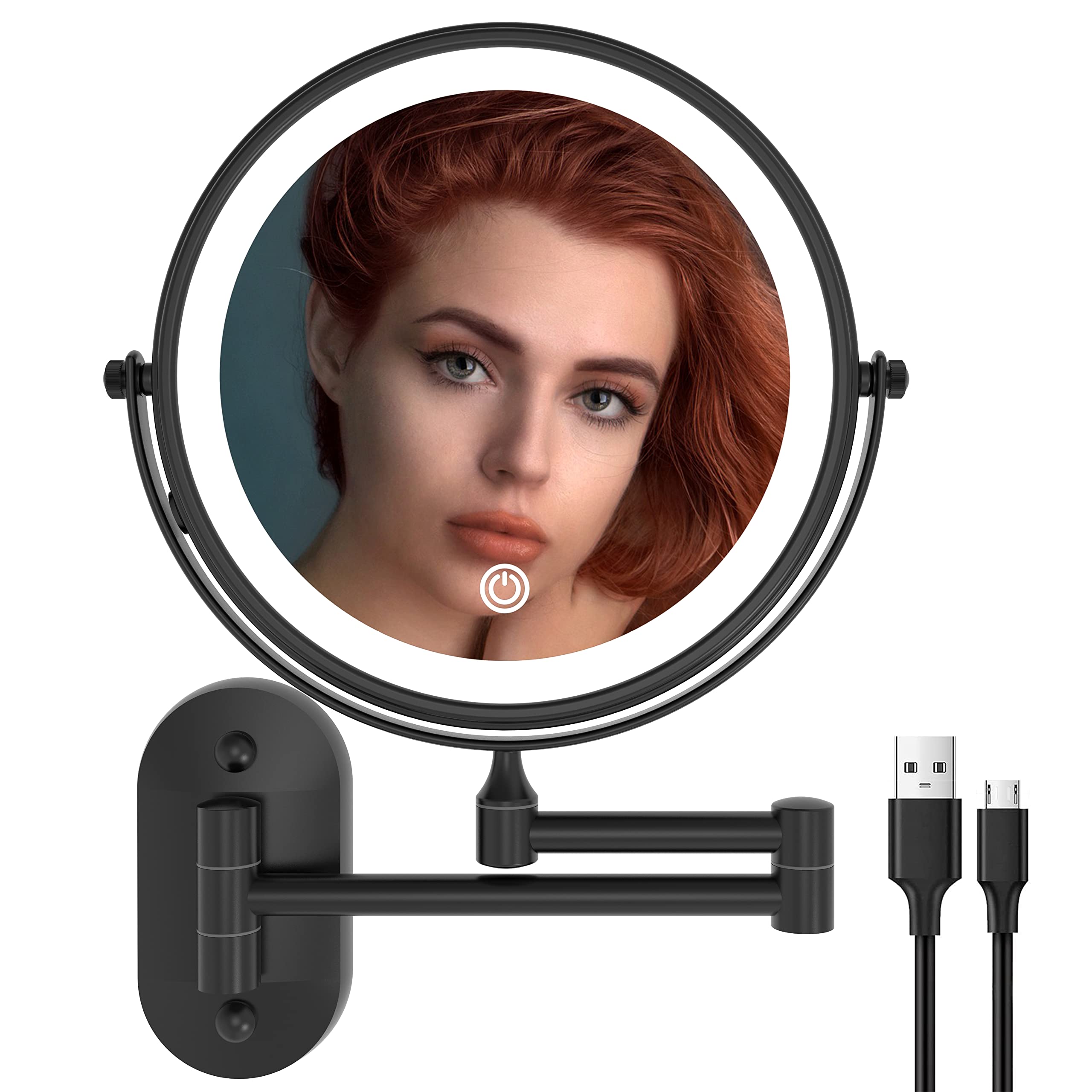 Rechargeable Makeup Mirror with LED Lights - 8 Inch Double Sided Vanity Mirror (1x/10x Magnification) - Matte Black Stainless Steel & Zinc Alloy Wall Mounted Mirror for Bathroom, Bedroom, and Dressing Room
