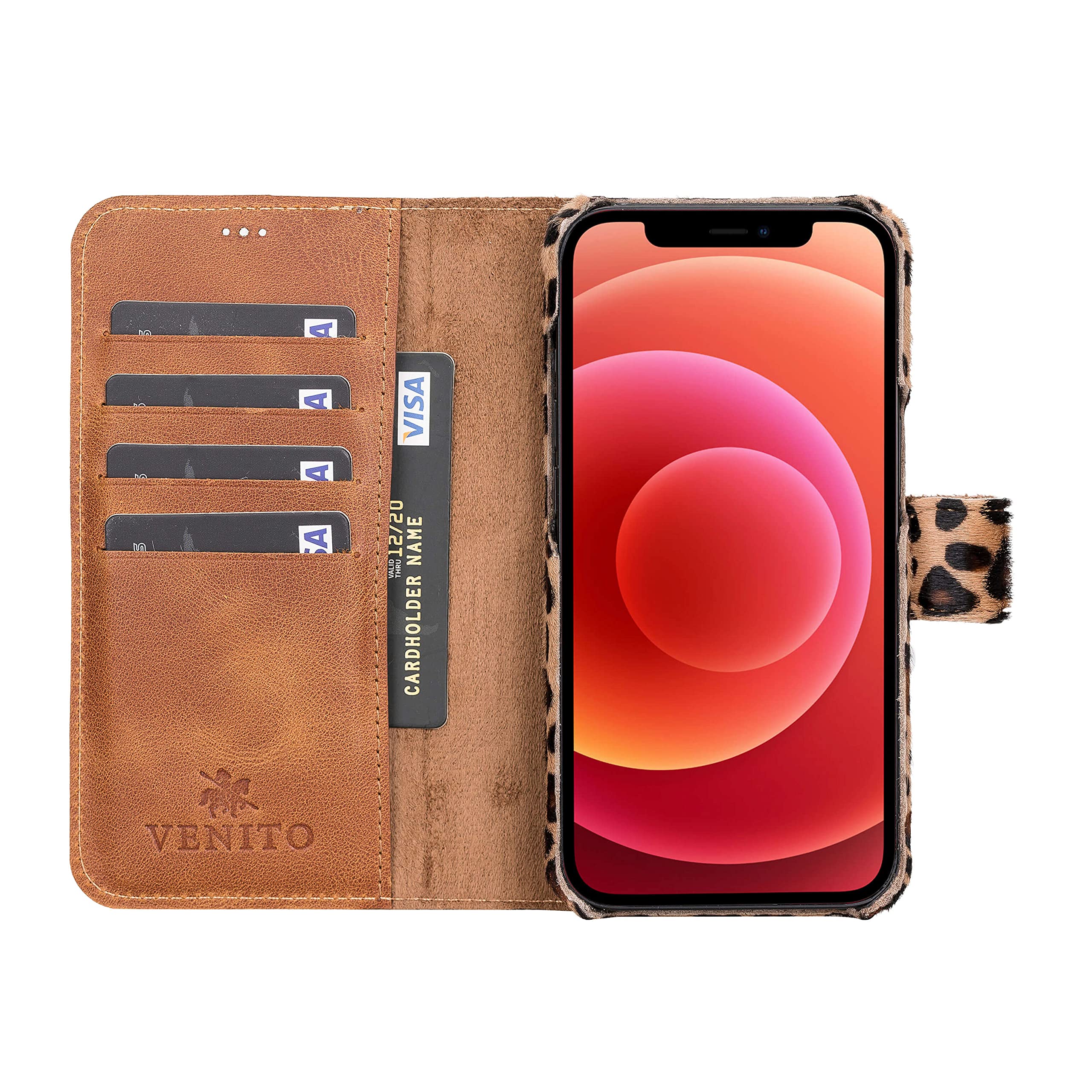 Venito Florence Genuine Leather Wallet Phone Case for iPhone 13 (6.1 Inch) - RFID Blocking Protection - Detachable Card Holder - Furry Leopard Print - Perfect for Travel, Shopping & Everyday Use