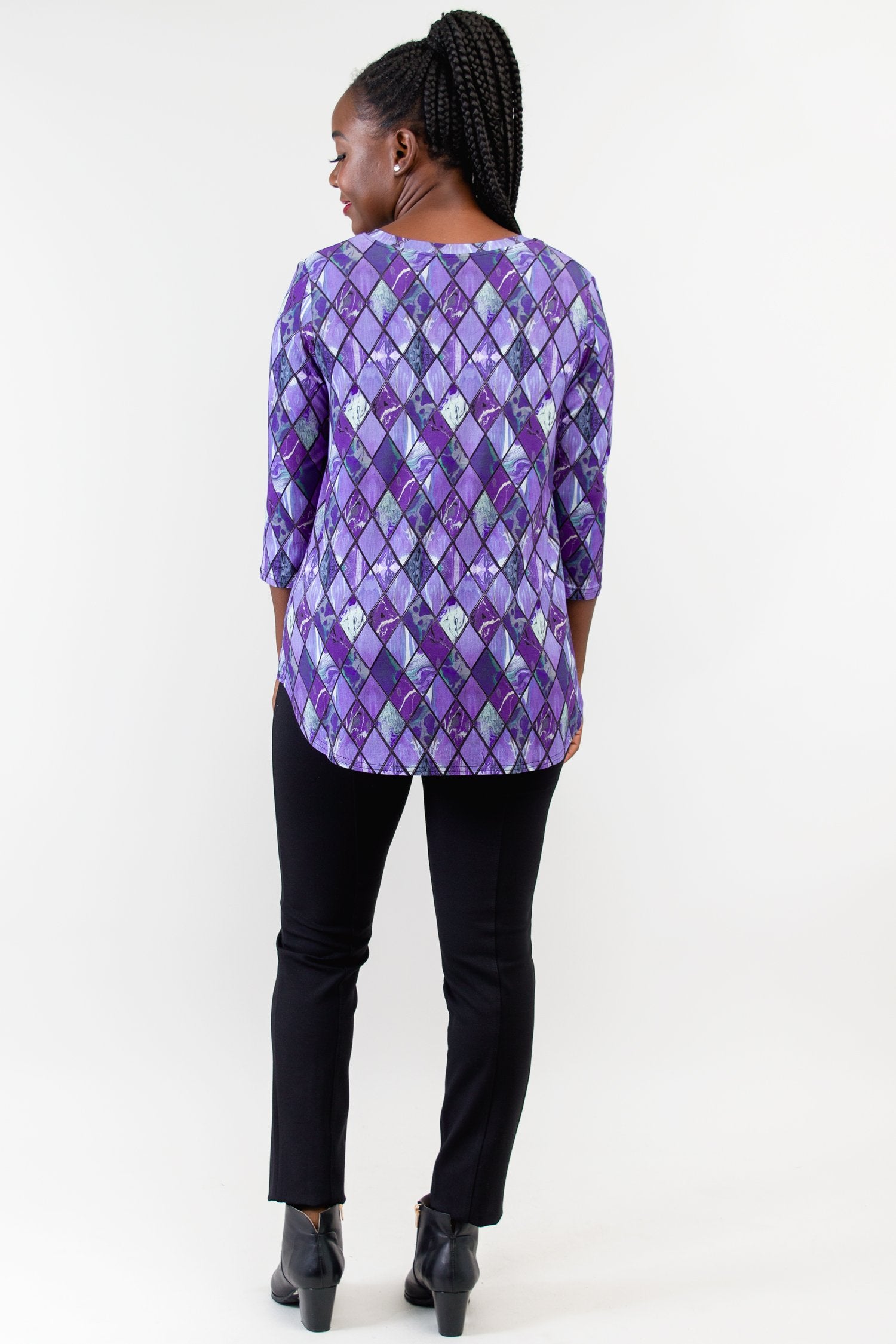 Jackie 3/4 Sleeve Women's Tops - Soft Bamboo Fabric in Violet Windowpane Print - Breathable & Comfortable for Yoga, Workout & Casual Wear - Final Sale