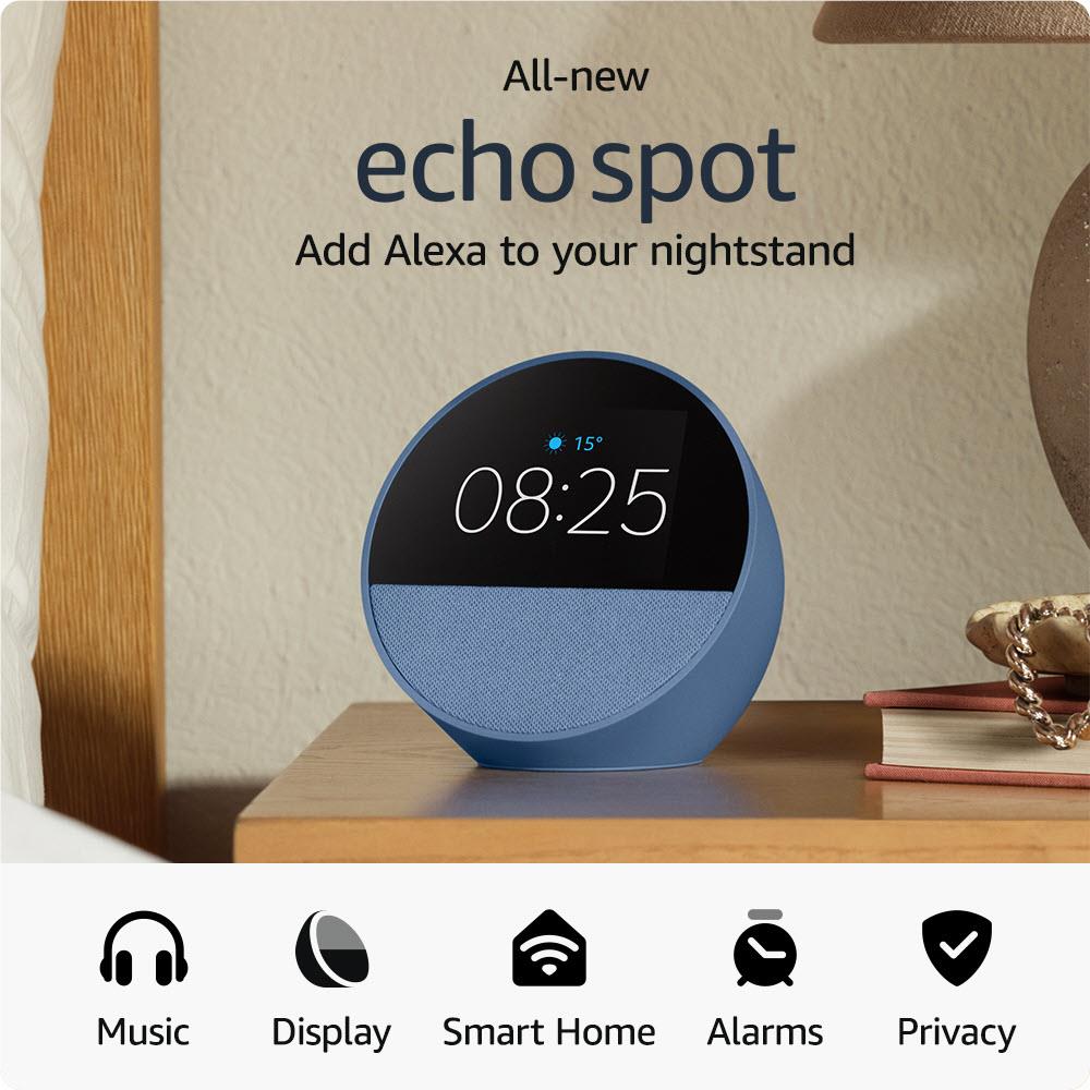 Amazon Echo Spot (Blue) - Smart Alarm Clock with Alexa, HD Display & Voice Control - Perfect for Bedroom, Kitchen & Office Use