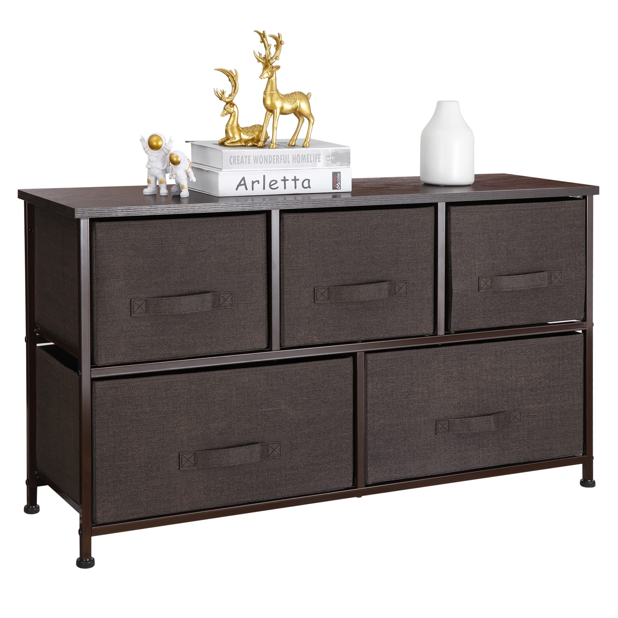 5-Drawer Fabric Dresser Storage Organizer - Sturdy Steel Frame & Wooden Top Closet Organizer for Bedroom, Living Room, Nursery - Deep Basket for Clothes, Toys & Home Organization (Brown)