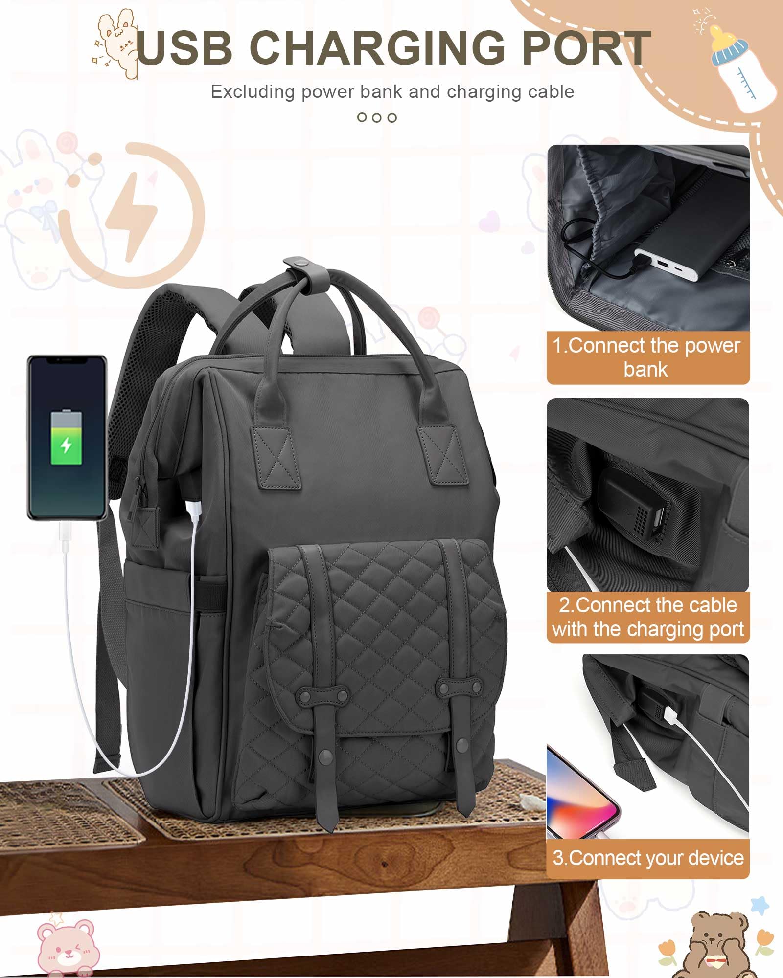 Waterproof Diaper Backpack for Moms & Dads - USB Charging Port, Large Travel Baby Bag for Girls & Boys | Perfect for Daycare, Travel & Outdoor Activities (Grey)