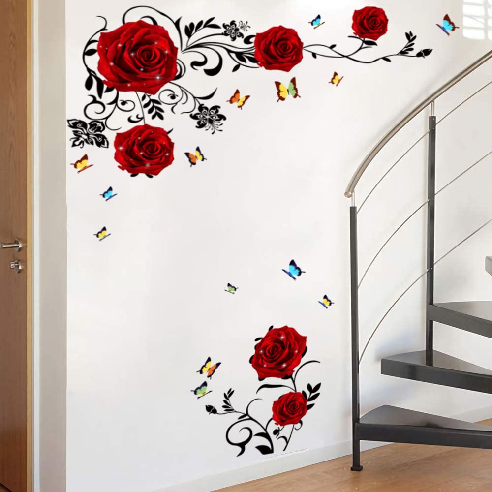 Supzone Red Rose Wall Stickers - DIY Vinyl Floral Wall Decal for Bedroom, Living Room, TV Backdrop | Elegant Rose & Peony Flower Vine Mural Art | Perfect for Home Decor, Wedding, Nursery & Office Wall Decoration