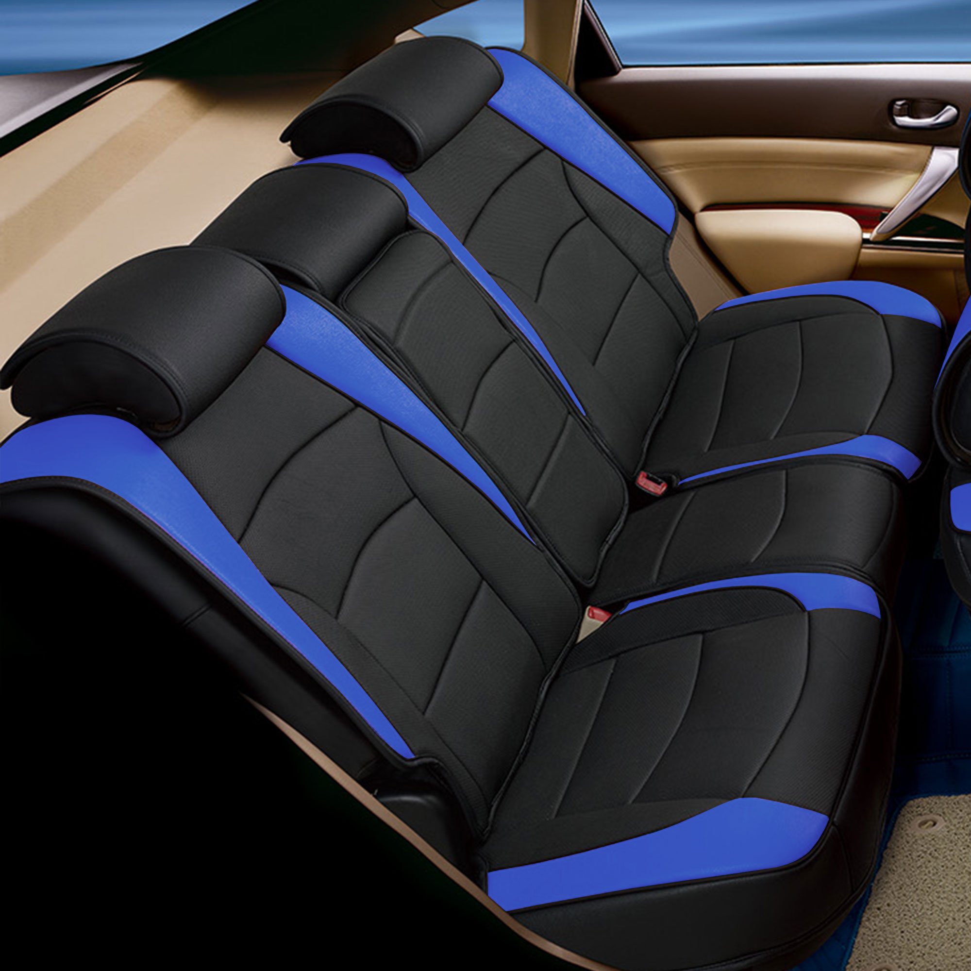 FH Group Ultra Comfort Leatherette 3-Row Car Seat Cushions - Split Design Fits Most Vehicles (SUV, Truck, Van) | Blue/Black PU205217 | Perfect for Long Road Trips & Daily Commutes