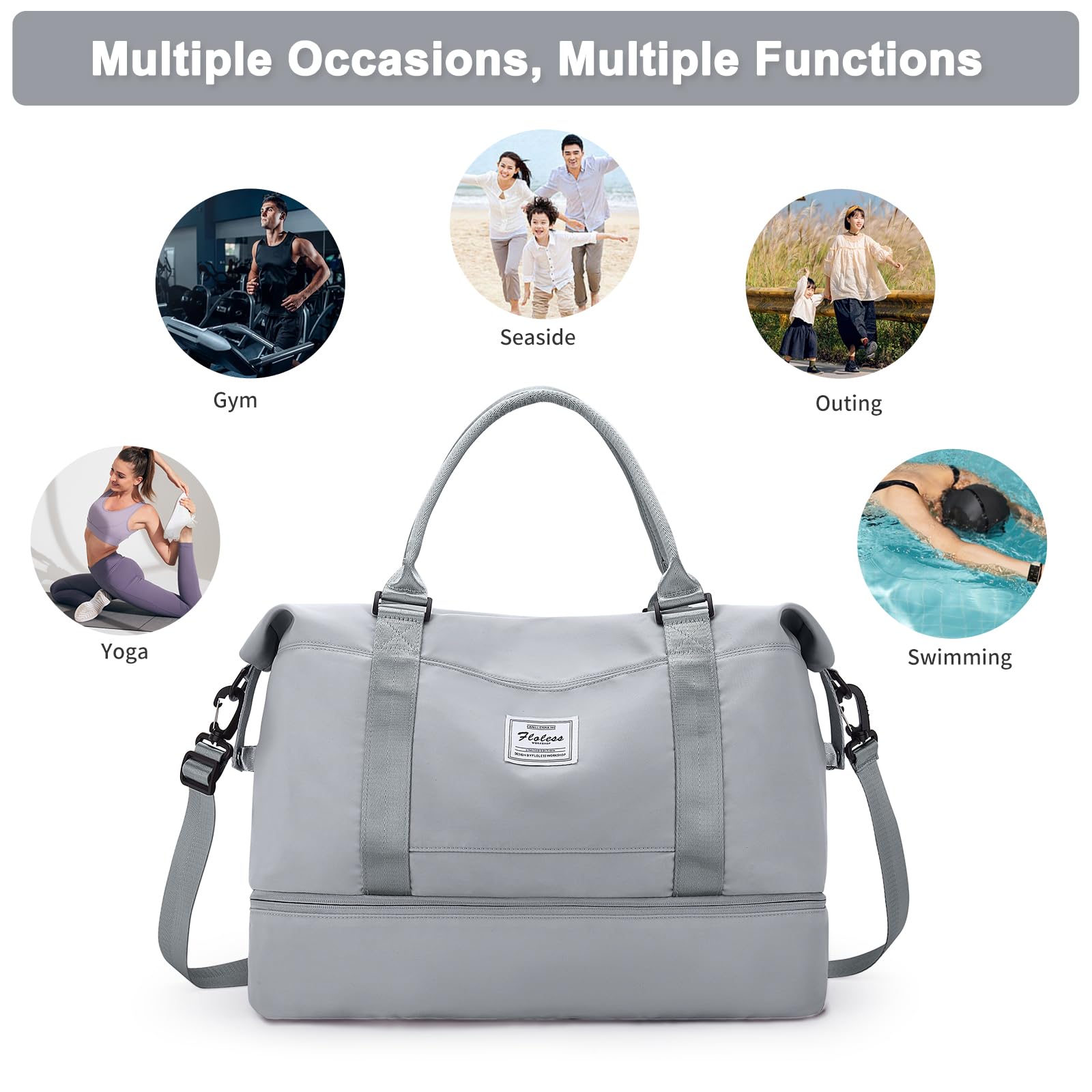 HYC00 Women's Travel Weekender Bag with Shoe Compartment & Wet Pocket - Perfect for Gym, Overnight Trips & Hospital Use - Light Grey Carry-On Luggage