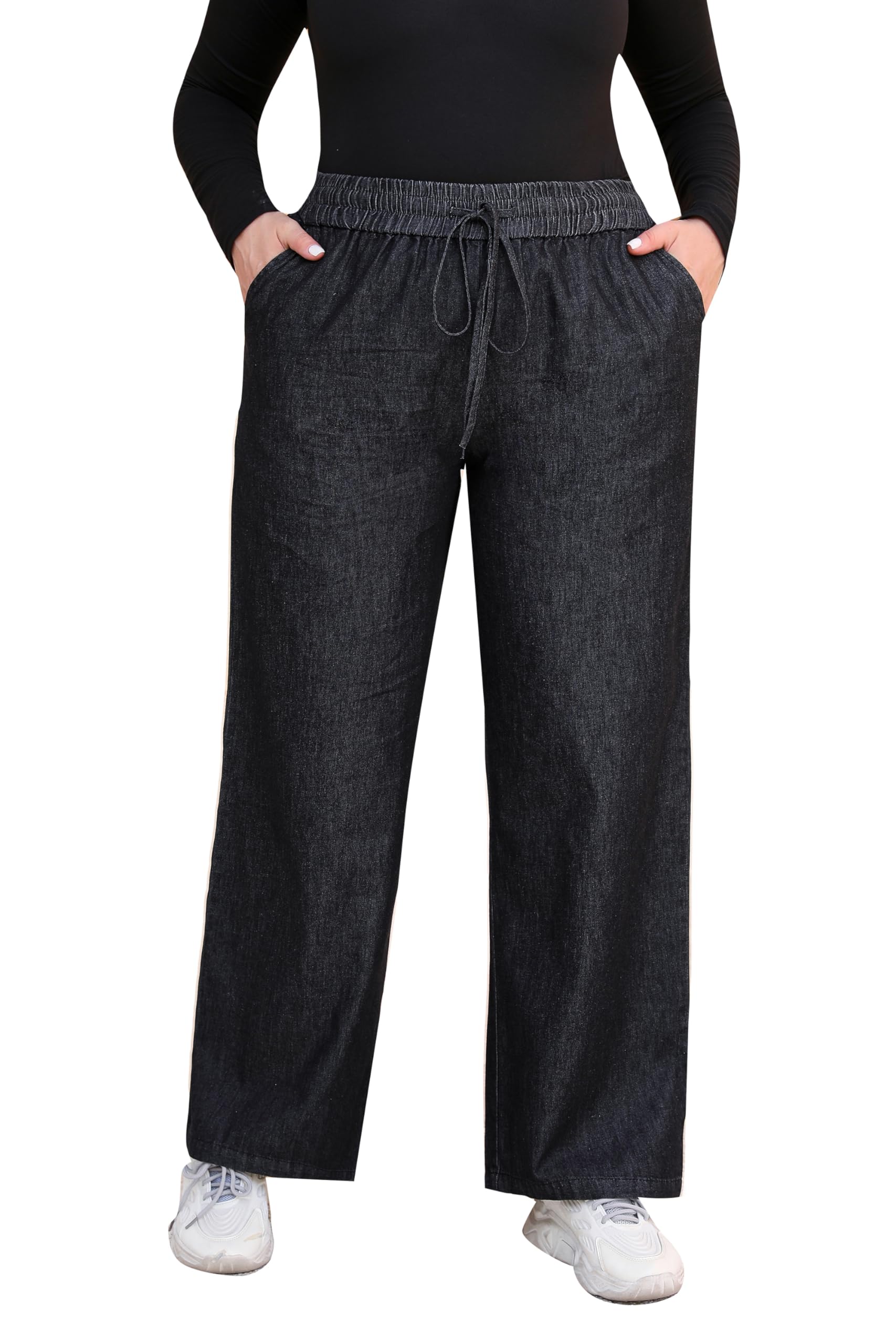 Love Welove Women's Fashion Wide Leg Jeans - Elastic High Waist Pull On Stretch Denim Pants with Drawstring, Plus Size 3XL (Casual Wear, Street Style, Boho Outfits)