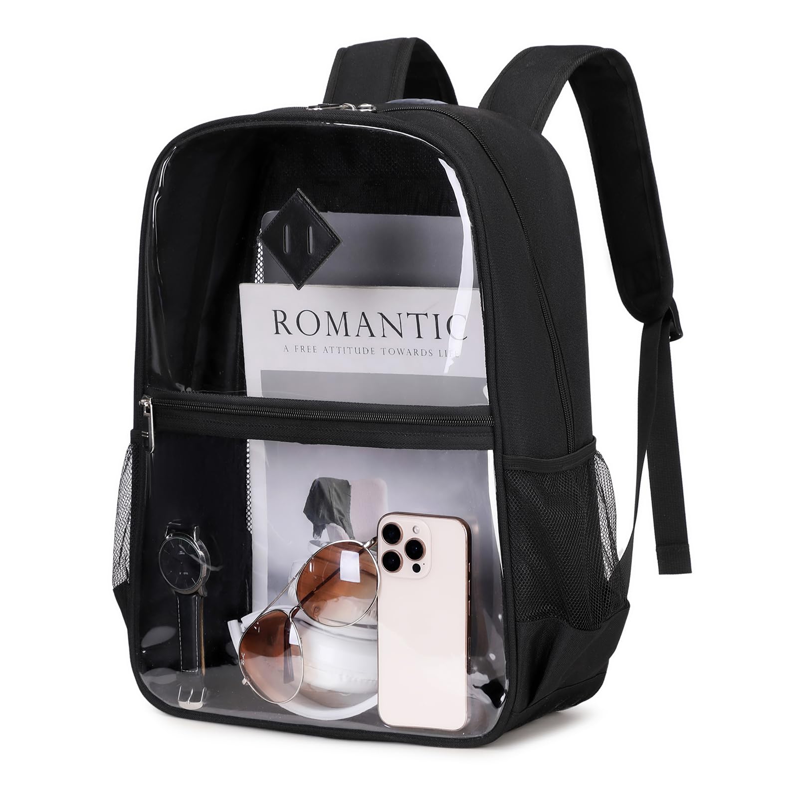 Clear Heavy Duty Transparent Backpack - PVC & Fabric See-Through Book Bag for Work, School, Security Check & Concerts | TSA & Stadium Approved | Perfect for College, Travel & Events (Black)