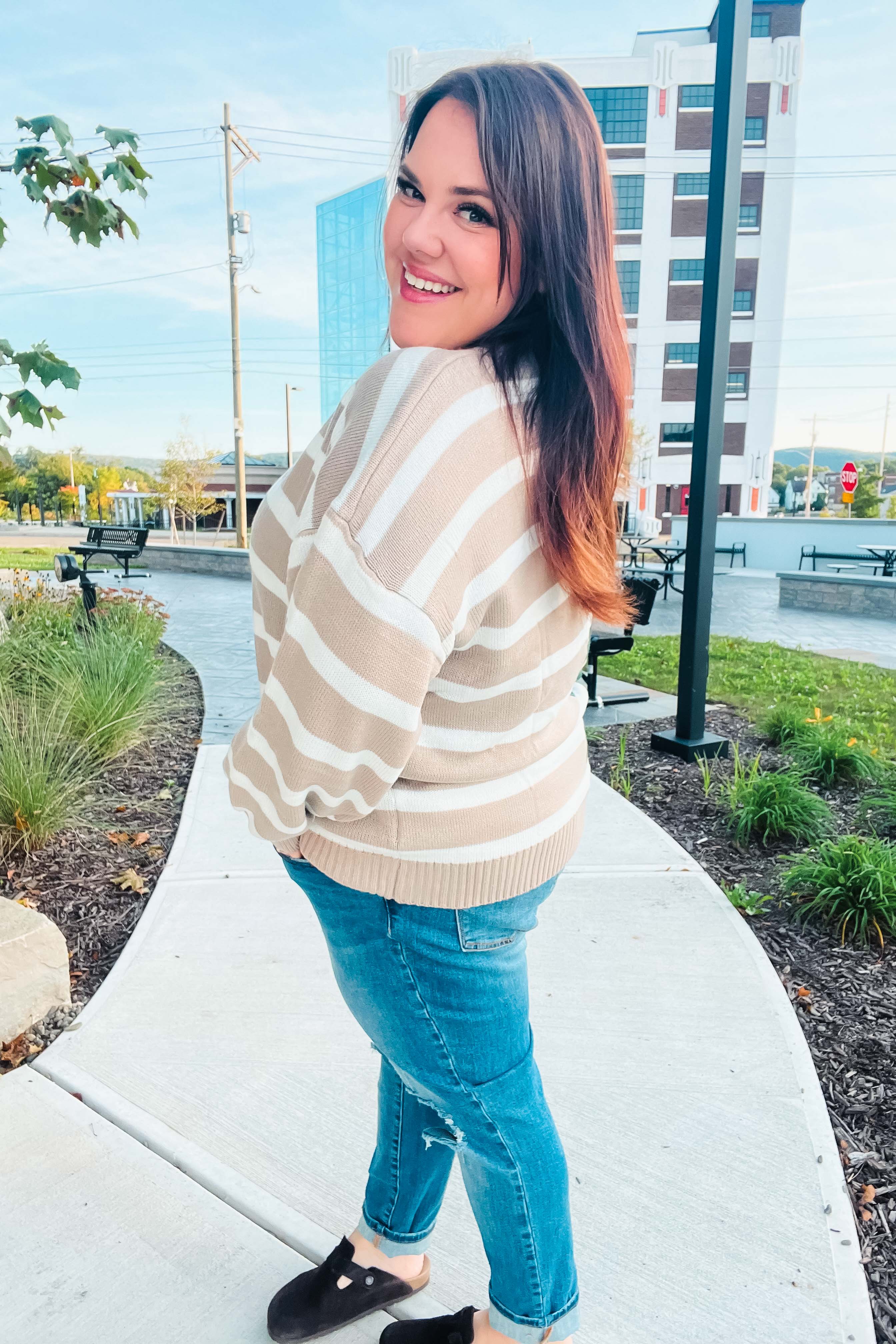 Hunter Green & Taupe Striped Color Block Sweater for Women | Cozy Knit Pullover | Fall Winter Fashion | Casual Office Wear & Weekend Outfits