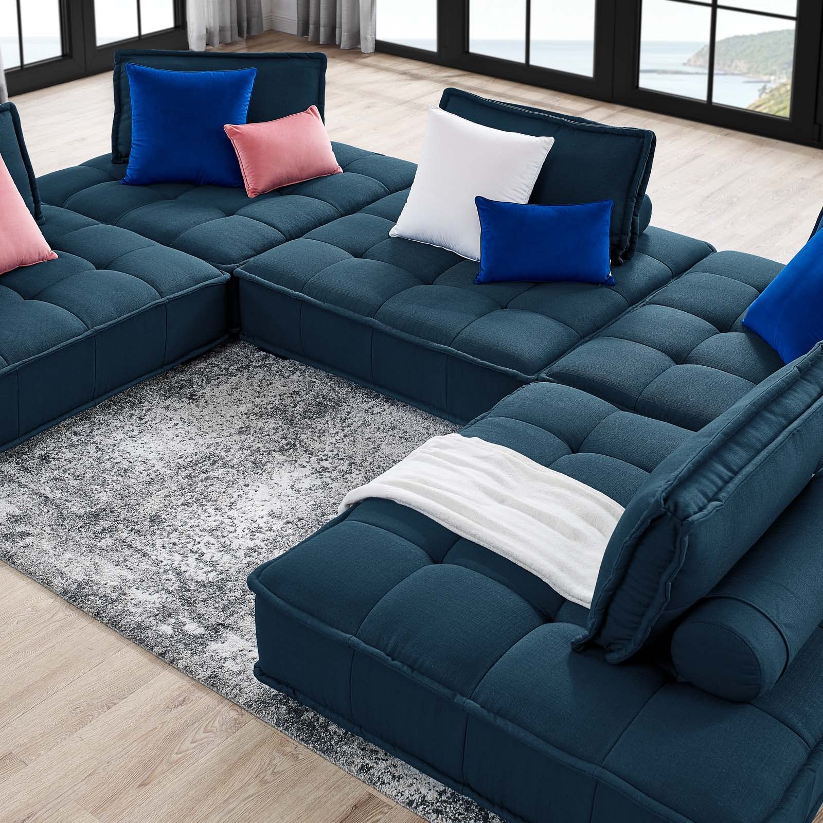 Modway Saunter 5-Piece Sectional Sofa in Azure Blue - Modern L-Shaped Couch Set for Living Room, Lounge & Family Room Comfortable Seating