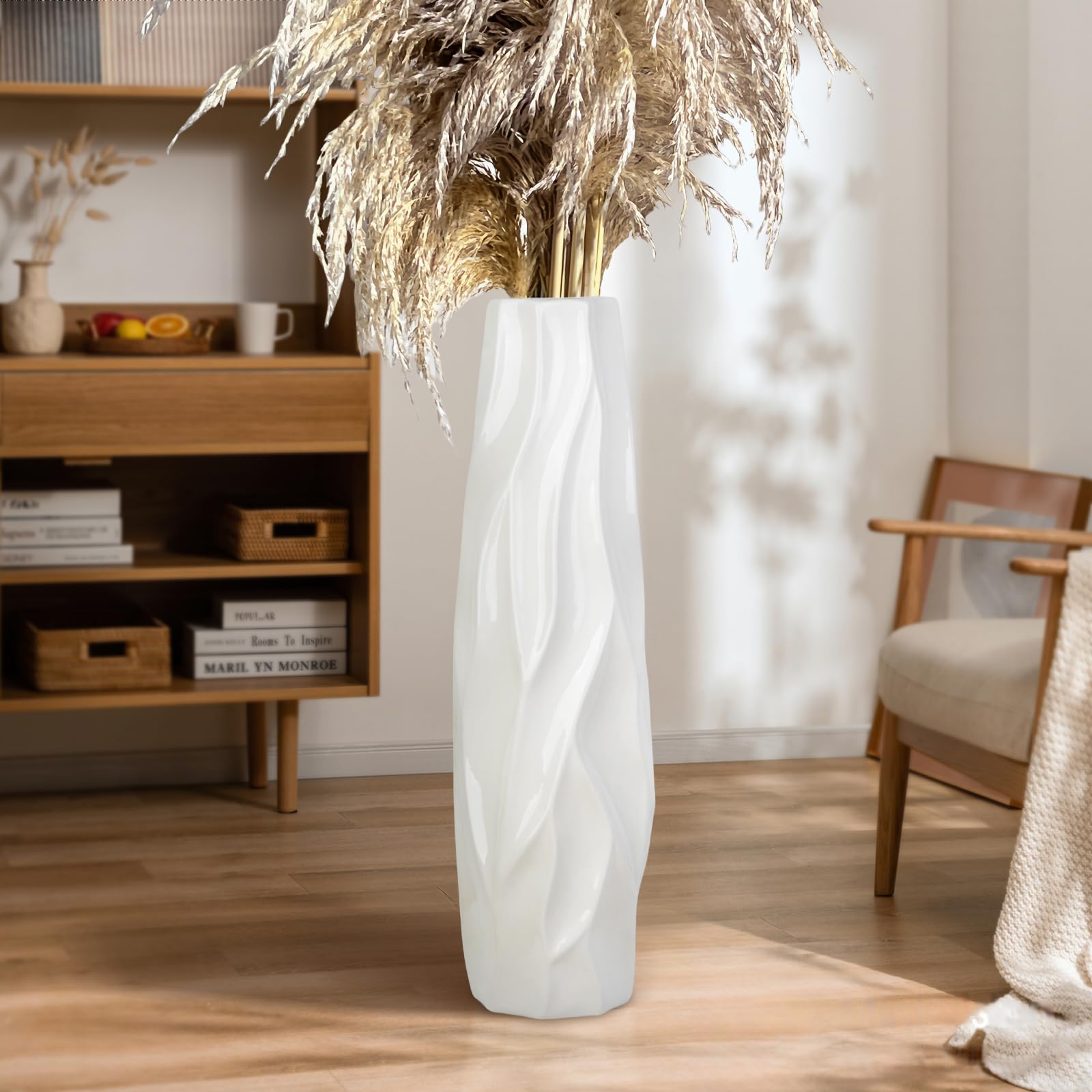 28 Inch Large White Ceramic Floor Vase - Modern Farmhouse Decor for Living Room, Office & Home | Origami Design Porcelain Flower Vase for Fall Arrangements | Perfect Gift Idea for Housewarming & Weddings
