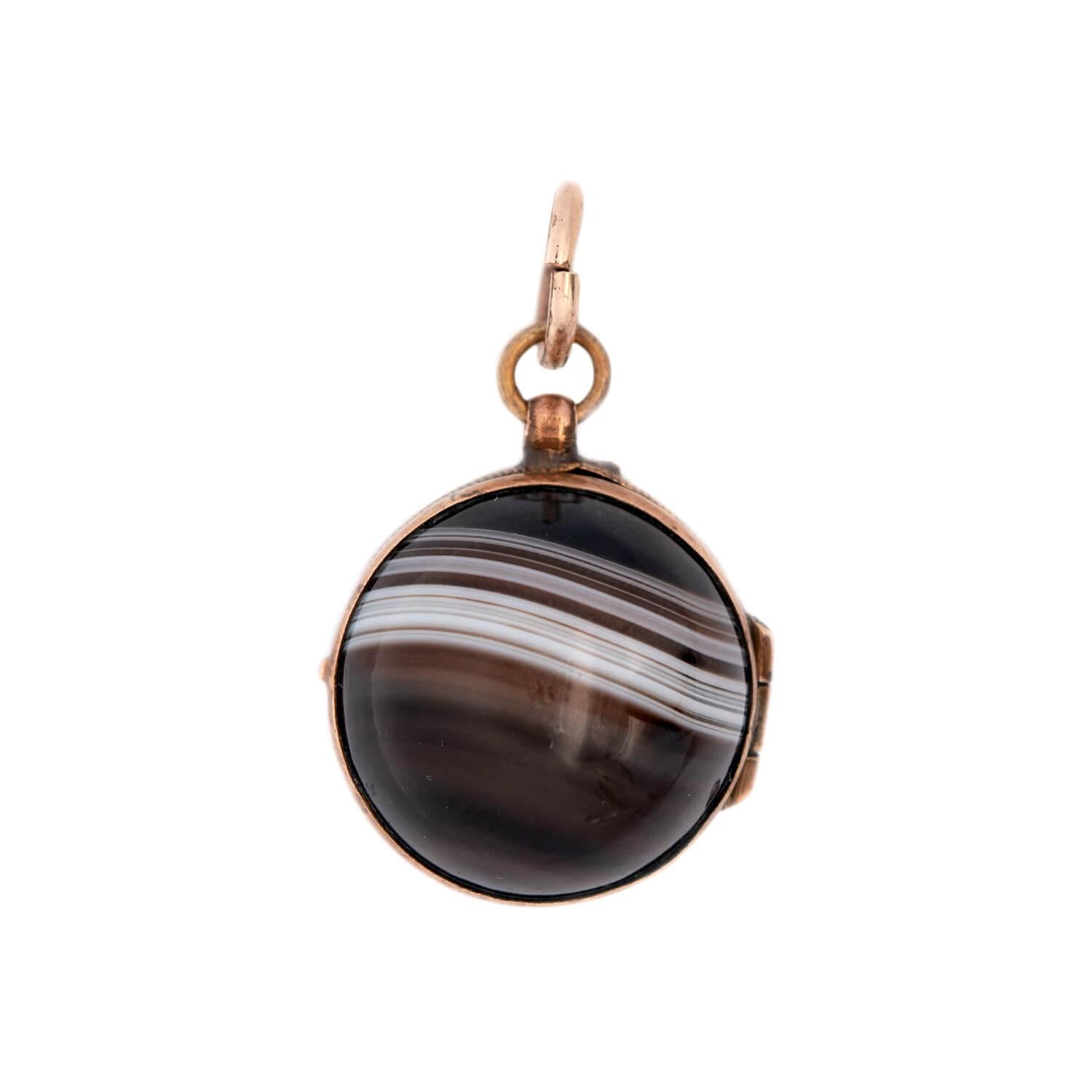 Victorian Style 10K Gold Banded Agate Ball Locket Pendant Necklace - Elegant Antique Jewelry for Women, Gift for Her, Valentine's Day & Anniversary Present