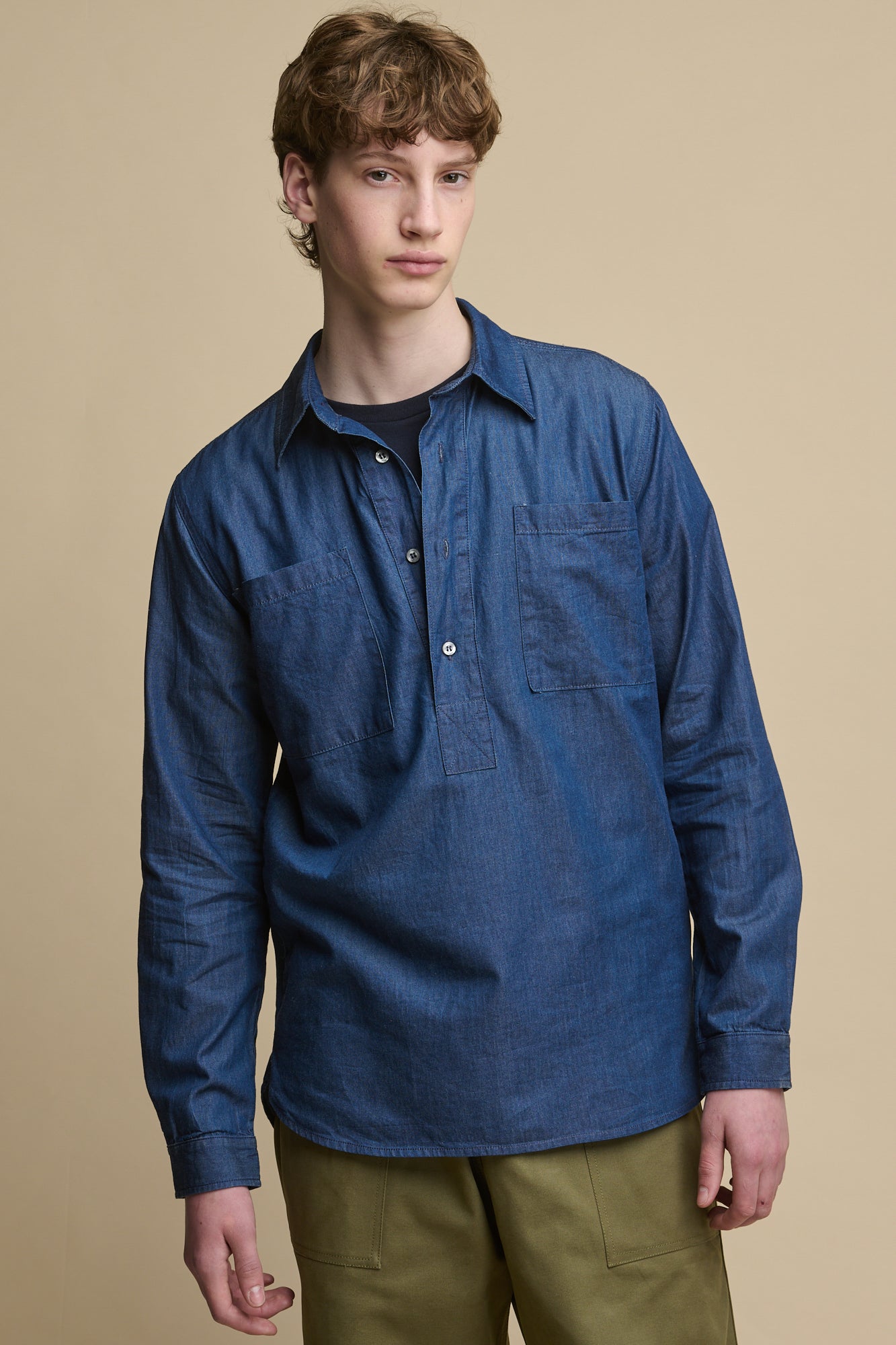 Men's Oli Half Placket Lightweight Denim Shirt - Indigo Blue Casual Button Down for Spring & Summer | Perfect for Outdoor Activities, Date Nights & Office Wear