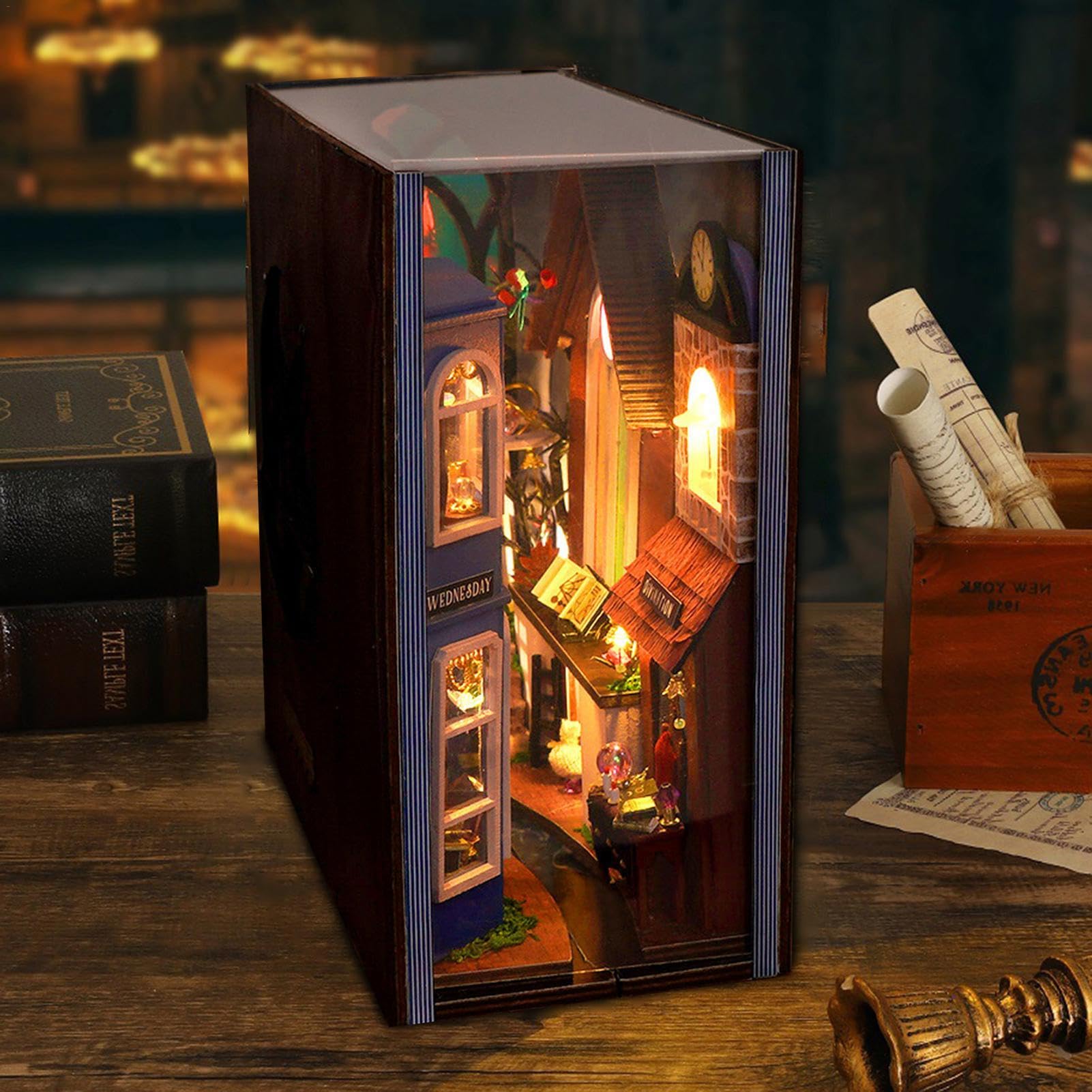 DIY Miniature Book Nook Kit - Creative Bookshelf Insert & Puzzle Bookend Decor for Home, Office, and Library - Perfect for Bookshelf Organization and Cozy Reading Corner Decoration