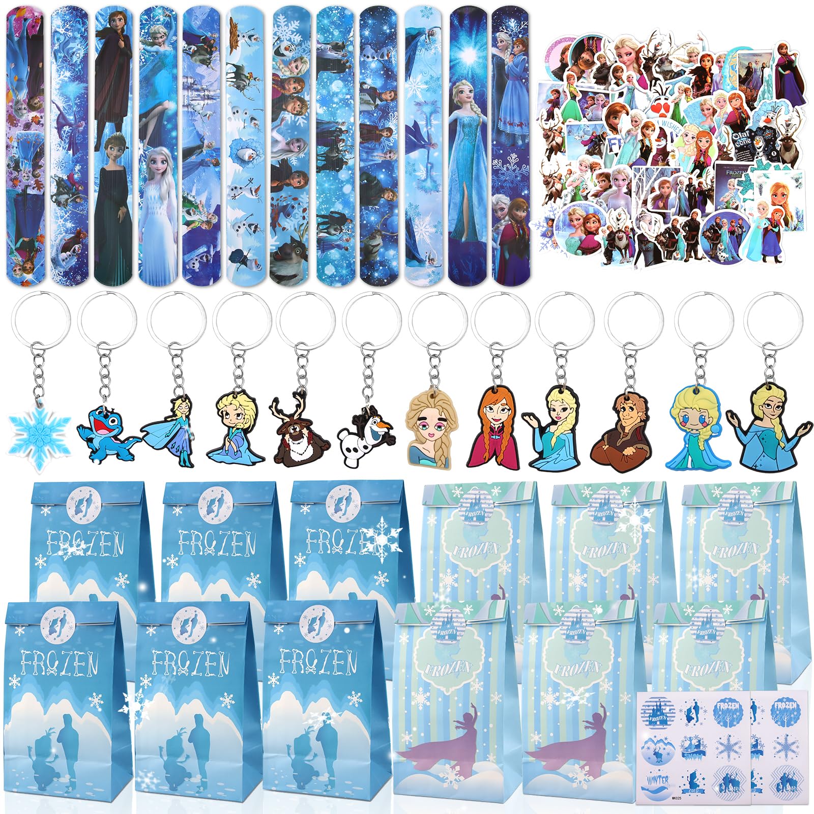 Frozen Birthday Party Favors for Kids - Girls Party Favor Set with Bracelets, Keychains, Stickers & Gift Bags | Perfect for Disney Themed Birthday Parties, Baby Showers & Frozen Themed Events