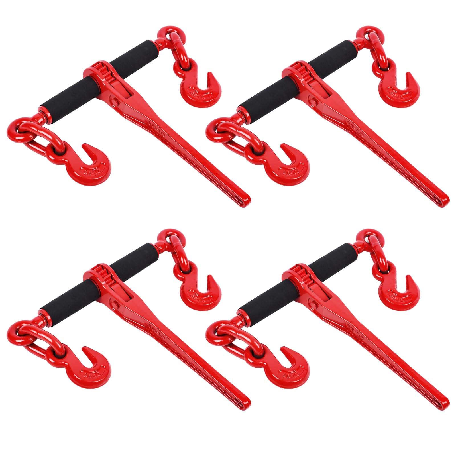 Heavy Duty G80 Chain Binder 3/8'' - 1/2'' with G80 Grab Hooks - 4 Pack Red Grade 80 Ratchet Load Binder 9,200 lbs WLL - for Hauling, Towing, Tie Down, Industrial & Agricultural Use - Perfect for Securing Cargo on Trailers, Trucks, and Heavy Equipment