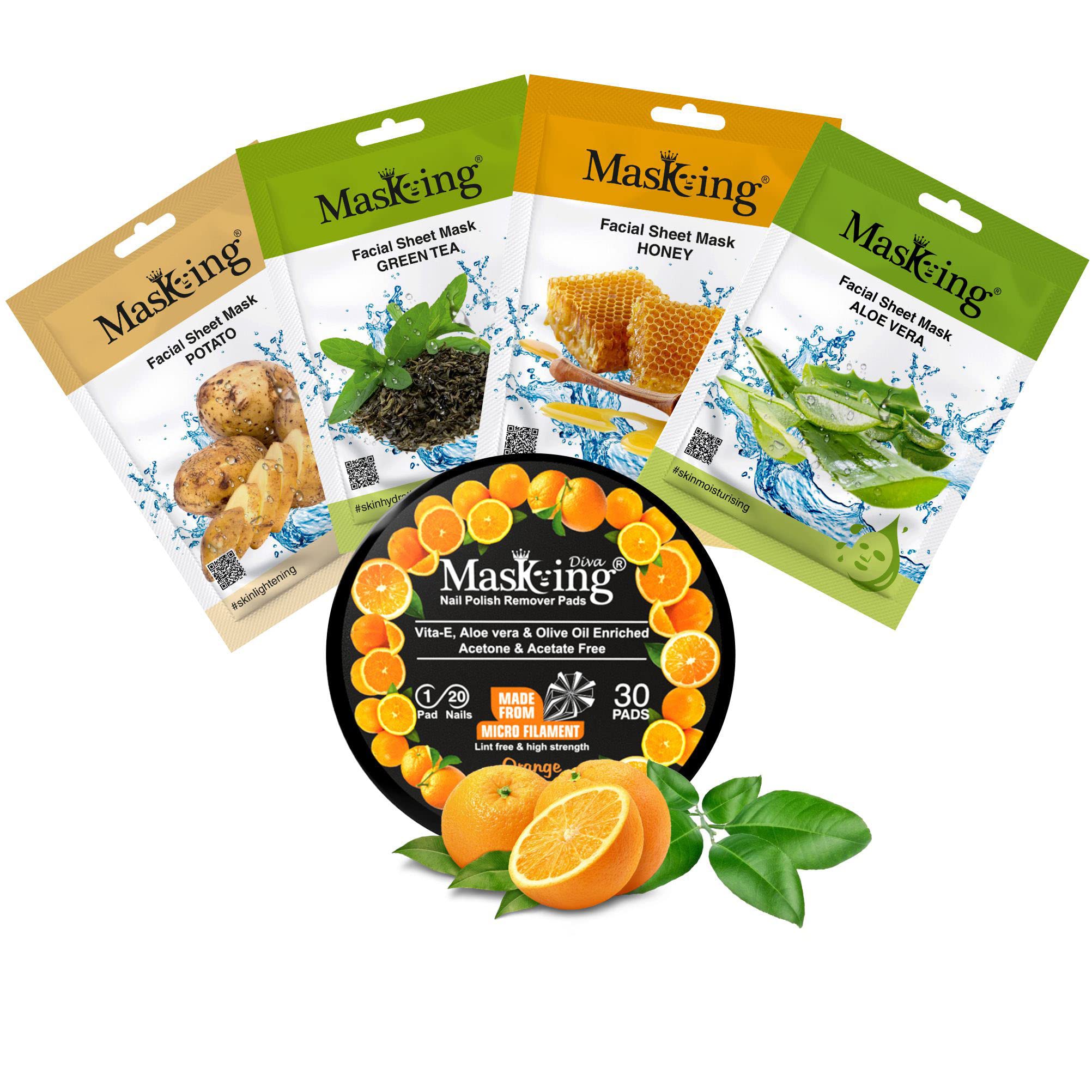 Premium MasKing Beauty Facial Sheet Mask Set - Potato, Green Tea, Honey & Aloe Vera Extract (4-Pack) & Diva Orange Nail Polish Remover Pads (30 Count) - Hydrating Skincare & Nail Care Combo for Women & Men - Perfect for Spa Day, Travel & At-Home Beauty Routine