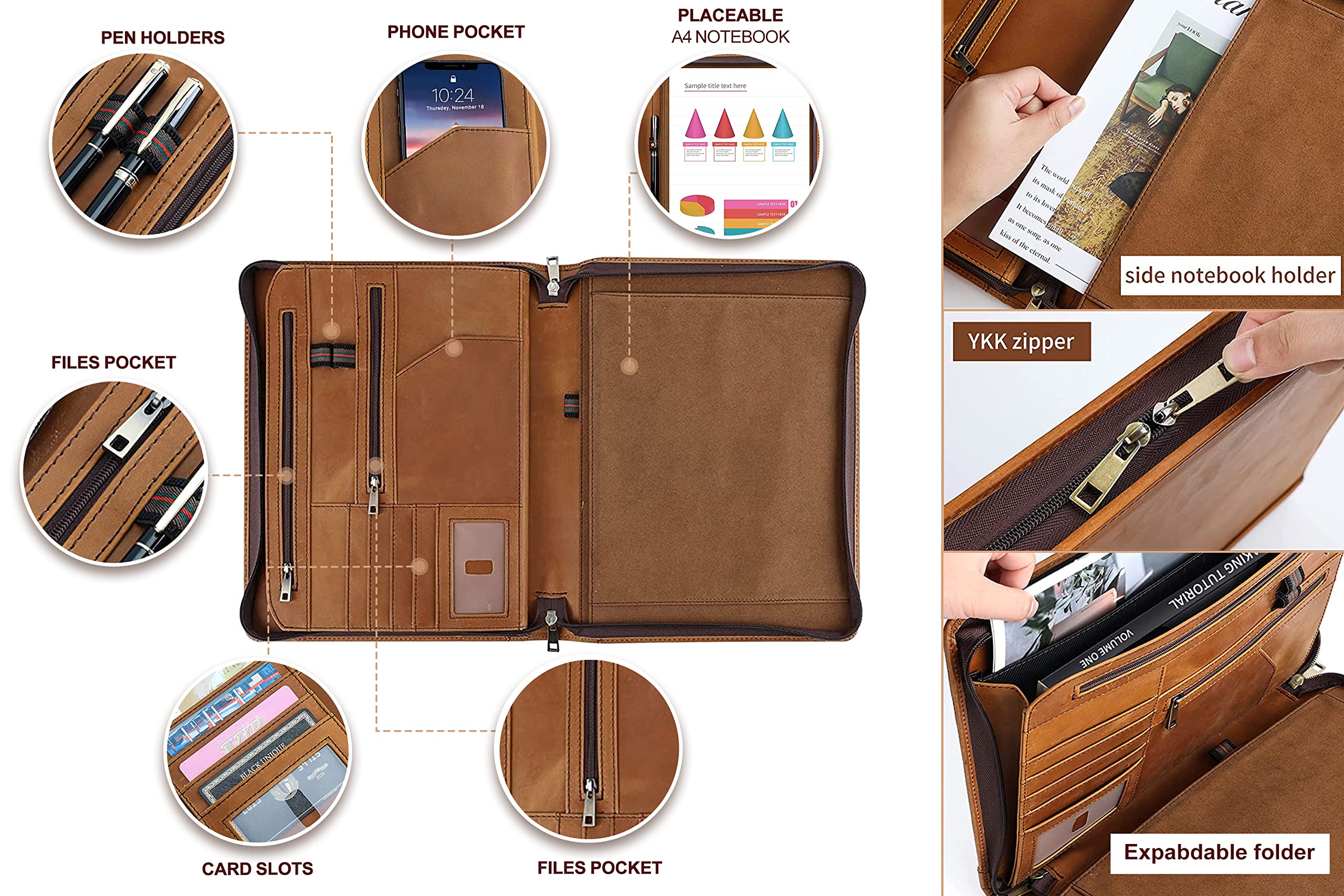 Premium Leather Planner for Men & Women - Business Organizer Notebook with A4 Notepad Holder & Zippered Portfolio - Professional Padfolio Folder for Resume, Documents - Ideal Office Gift & Executive Work Accessory (Brown) - Perfect for Business Meetings, Job Interviews & Daily Organization