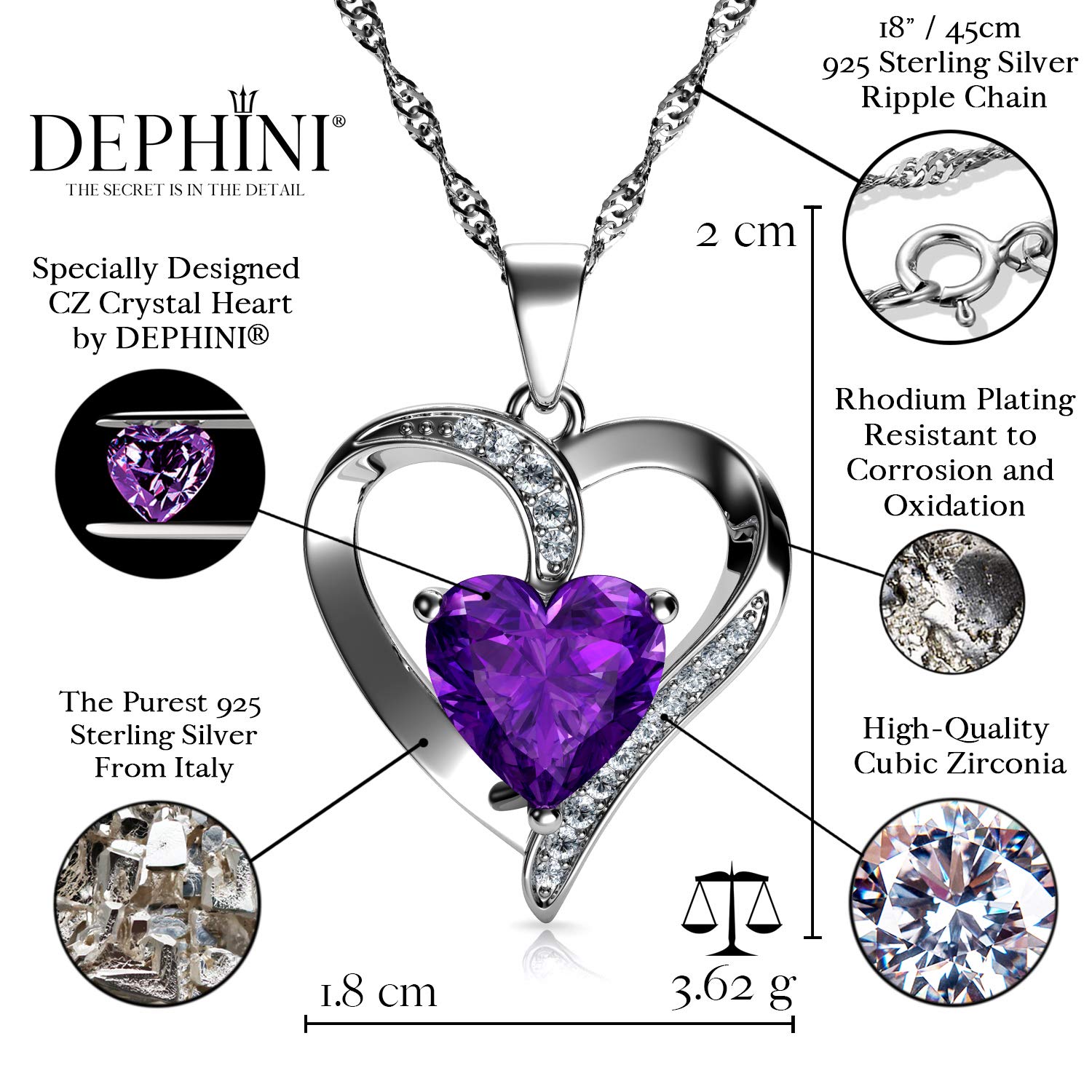 DEPHINI 925 Sterling Silver Purple Heart Necklace Pendant - Elegant Jewelry Gift for Women with Luxury Gift Box - Perfect for Valentine's Day, Anniversary & Birthday Gifts