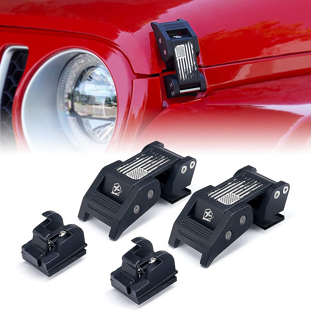 Xprite Aluminum Hood Latches with Retro Flag - Adjustable Hood Latch Catches Kit for 2007-2025 Jeep Wrangler JK JKU JL JLU & 2020+ Gladiator JT (1 Pair) - Heavy Duty Off-Road Accessories for Adventure & Trail Riding