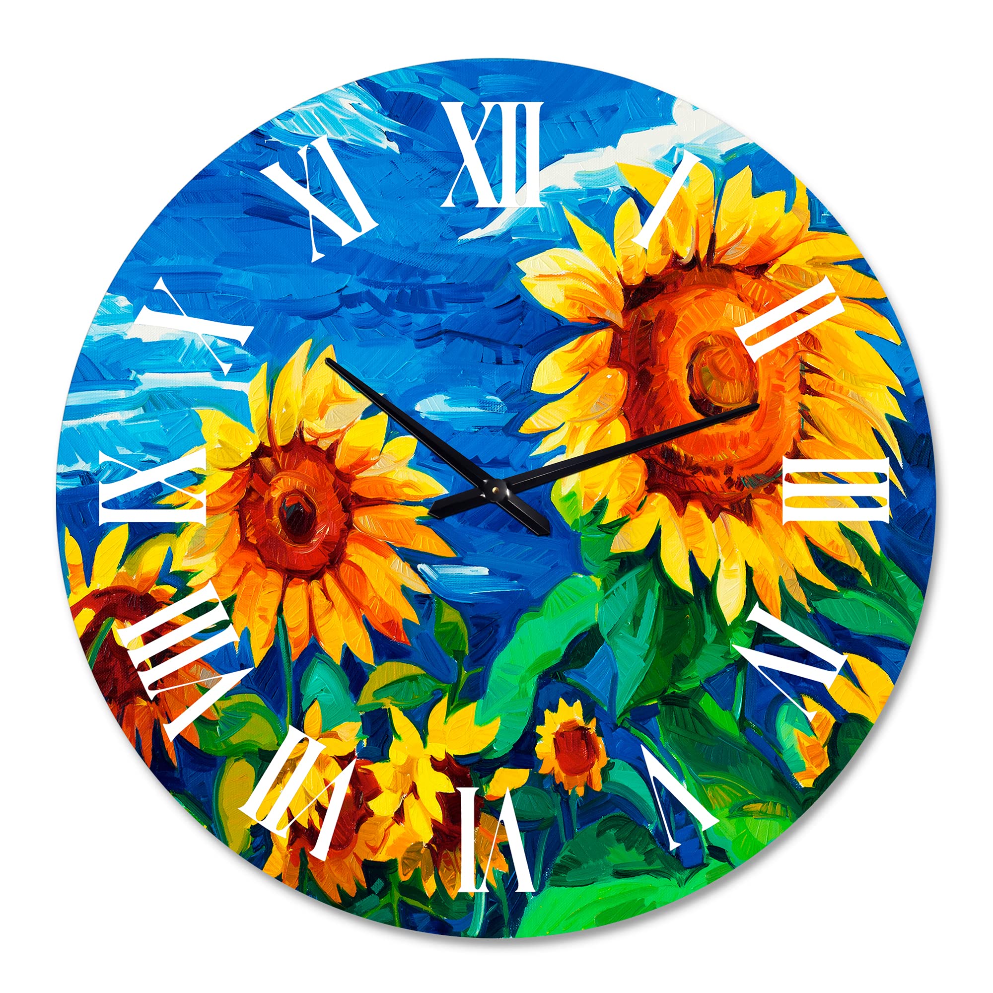 DesignQ Large Traditional Wall Clock - 'Two Sunflowers Under Bright Blue Sky' Floral Botanical Decor for Living Room, Bedroom & Office | Perfect Home & Office Wall Art