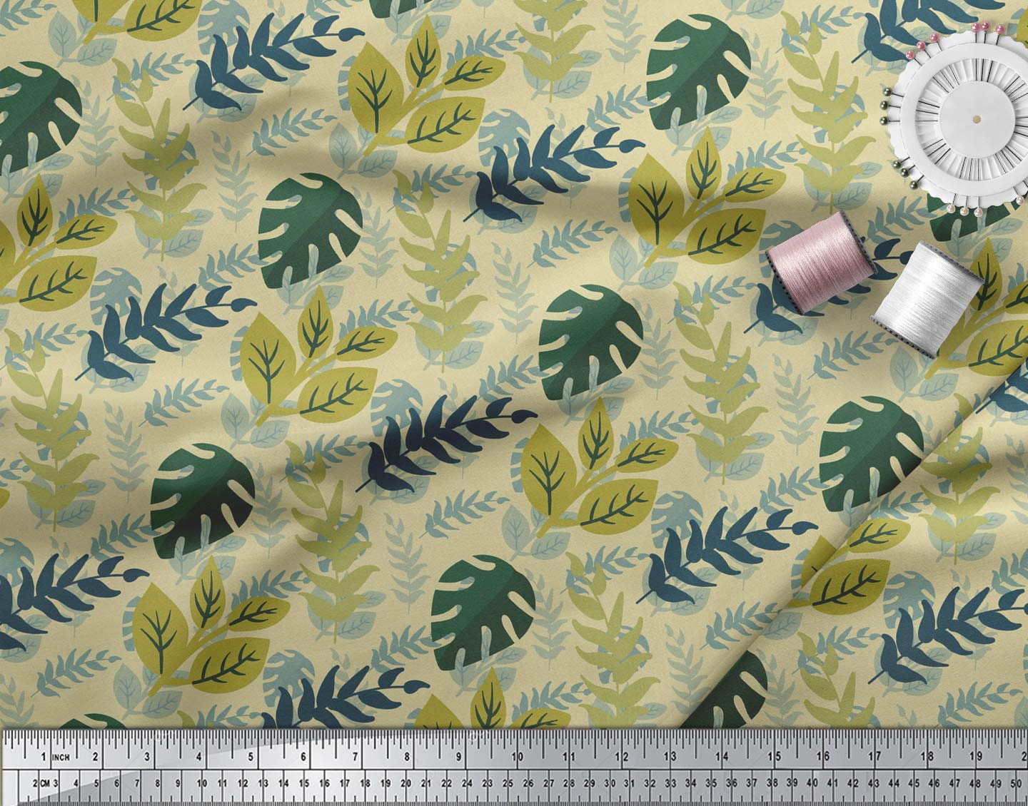 Soimoi Moss Georgette Beige Fabric by The Yard - 42 Inch Wide Printed Pecan & Monstera Leaves Material - Autumnal Tropical Fusion Fabric for Dresses, Curtains & DIY Fashion Projects