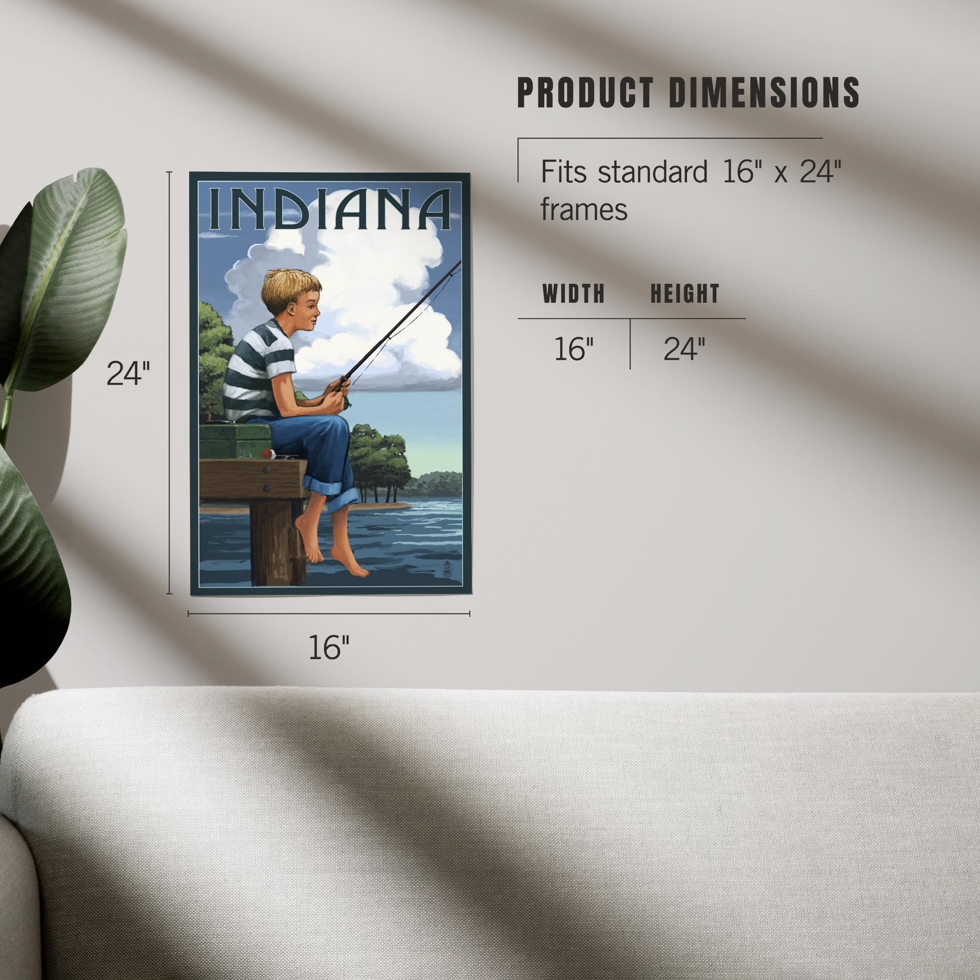 Lantern Press 16x24 Inch Giclee Art Print - Indiana Landscape with Boy Fishing - Wall Decor for Living Room, Bedroom & Office