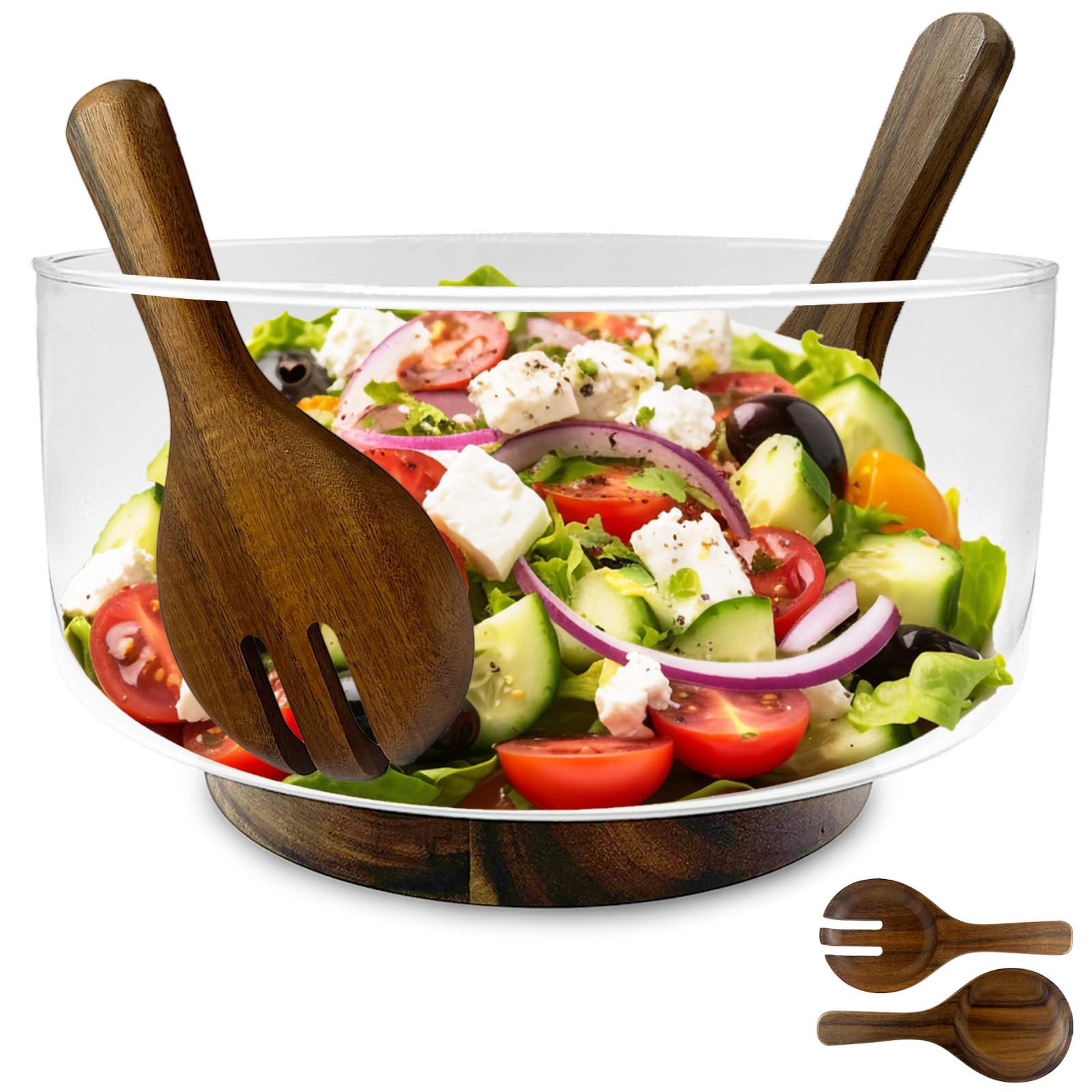Premium Large Glass Salad Bowl Set with Acacia Wood Base & Serving Utensils - Elegant Durable Kitchen Essential for Parties, Family Gatherings & Daily Use - Perfect for Entertaining, Potlucks & Healthy Meal Prep