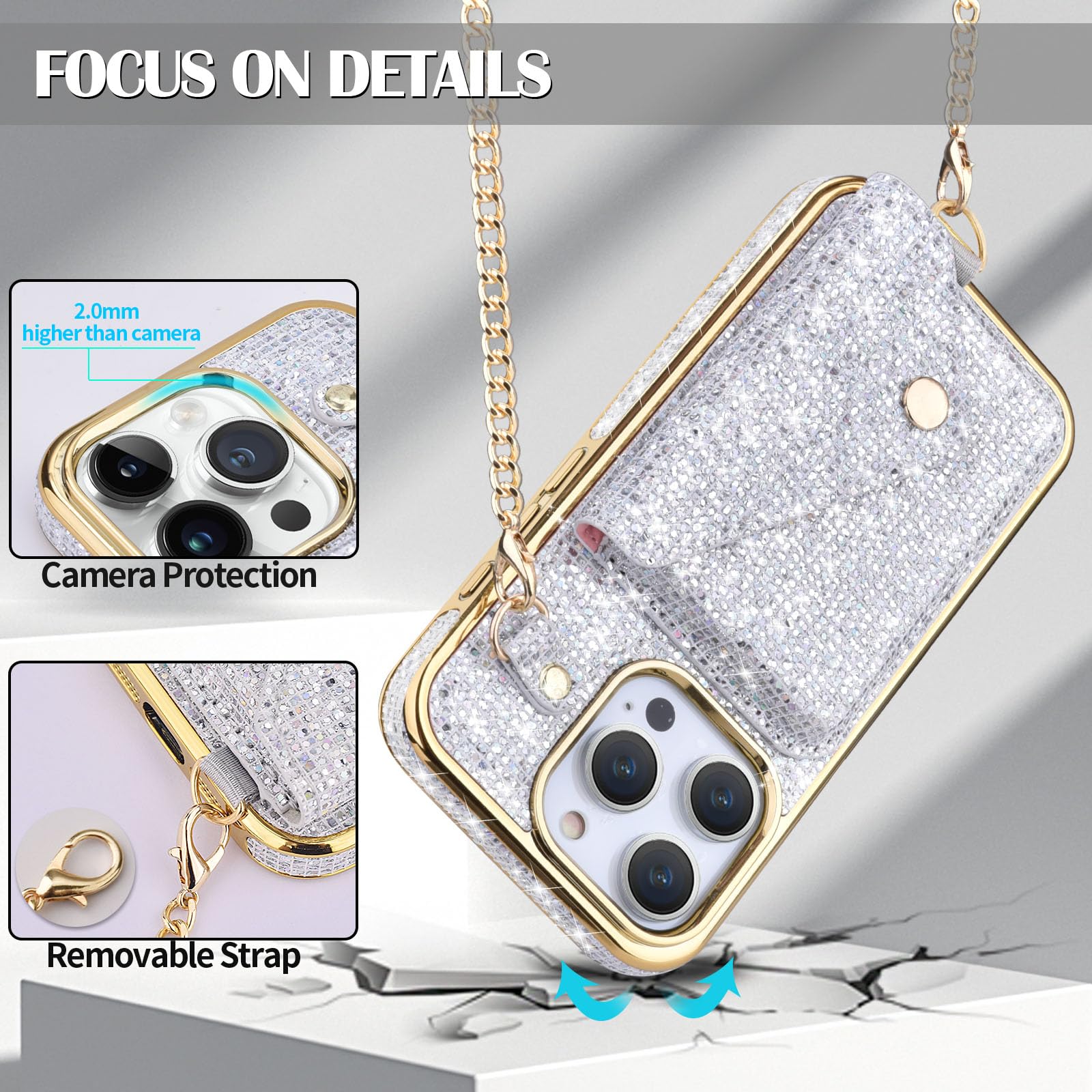 V-MORO Glitter Leather Wallet Case with Metal Chain for iPhone 15 Pro (6.1 inch) - Shiny Protective Purse Phone Cover for Women, Silver/Rainbow Glitter | Perfect for Parties, Shopping & Everyday Use