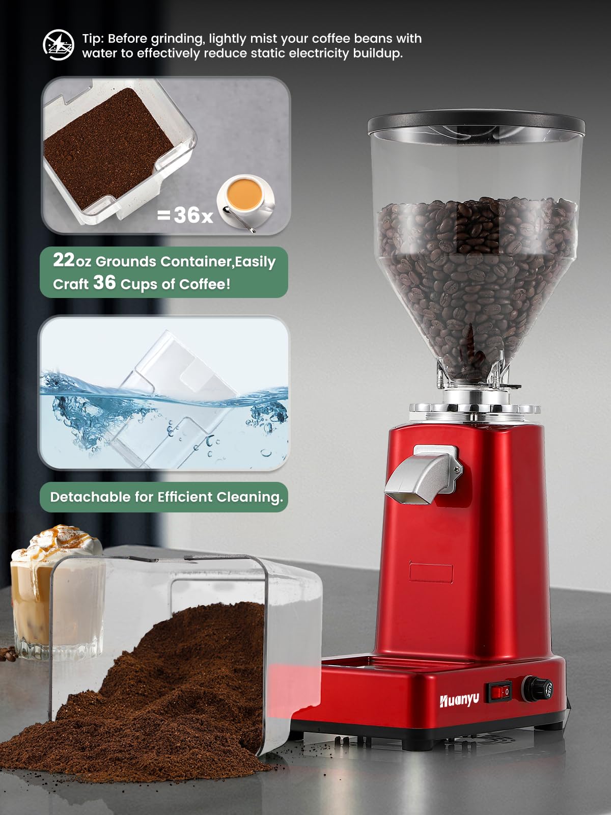Premium Huanyu Flat Burr Coffee Grinder - 19 Precise Grind Settings, 35oz Large Capacity Electric Coffee Bean Grinder (Red) - Perfect for Home Brewing, Espresso & French Press Coffee Making