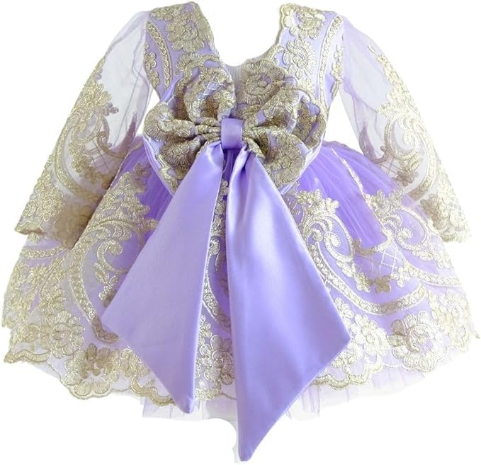 **Lilac Gold Baby Girl Tutu Dress with Bowknot & Lace - Long Sleeve Flower Girl Party Outfit for Infants (6 Months) - Perfect for Christmas, Birthday, Baptism & Special Occasions**