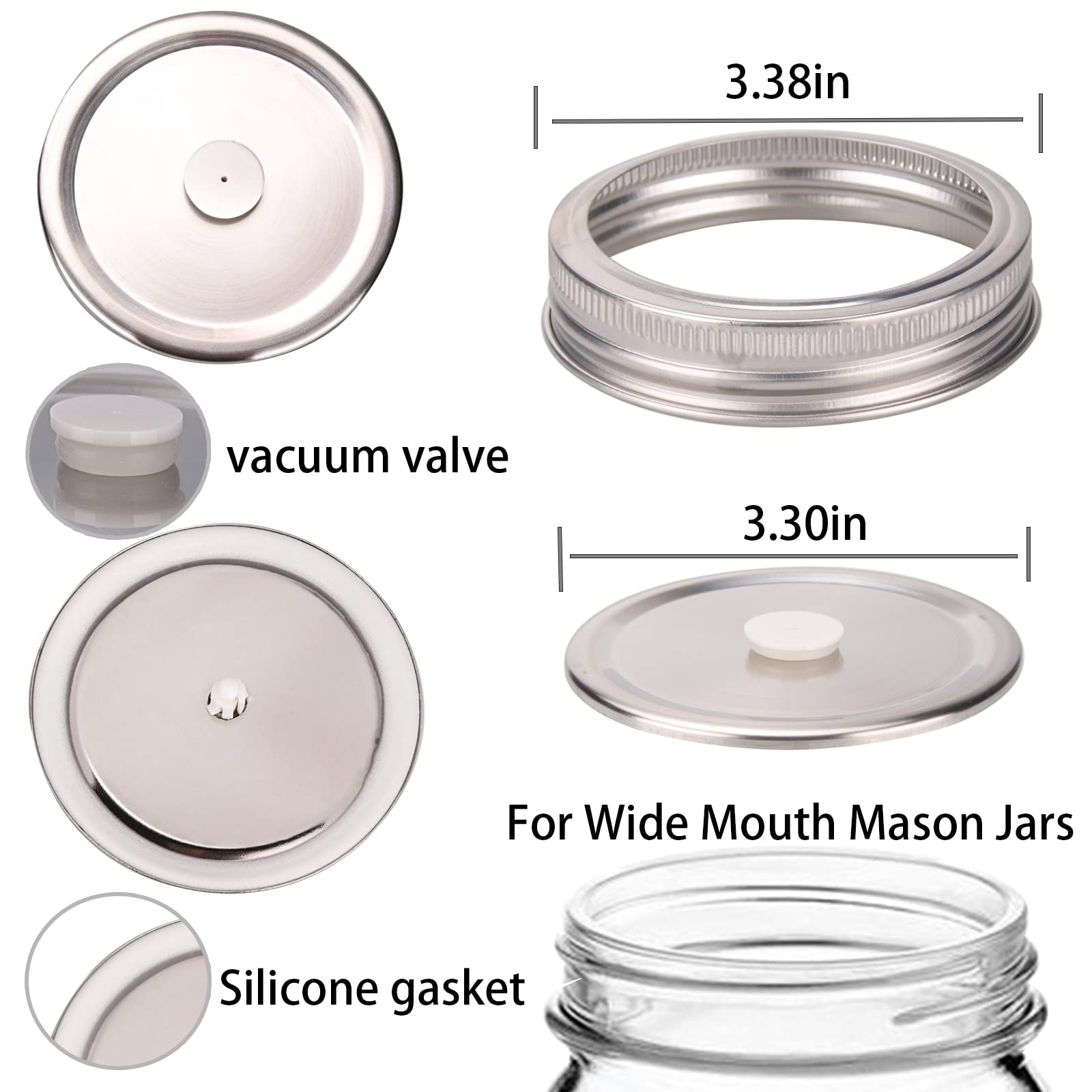 Stainless Steel Fermenting Lids 6-Pack with Accessory Hose - 86mm Vacuum Seal Caps Compatible with FoodSaver Vacuum Sealer | Perfect for Mason Jar Food Storage, Fermentation & Freshness Preservation | Ideal for Pickling, Canning & Meal Prep