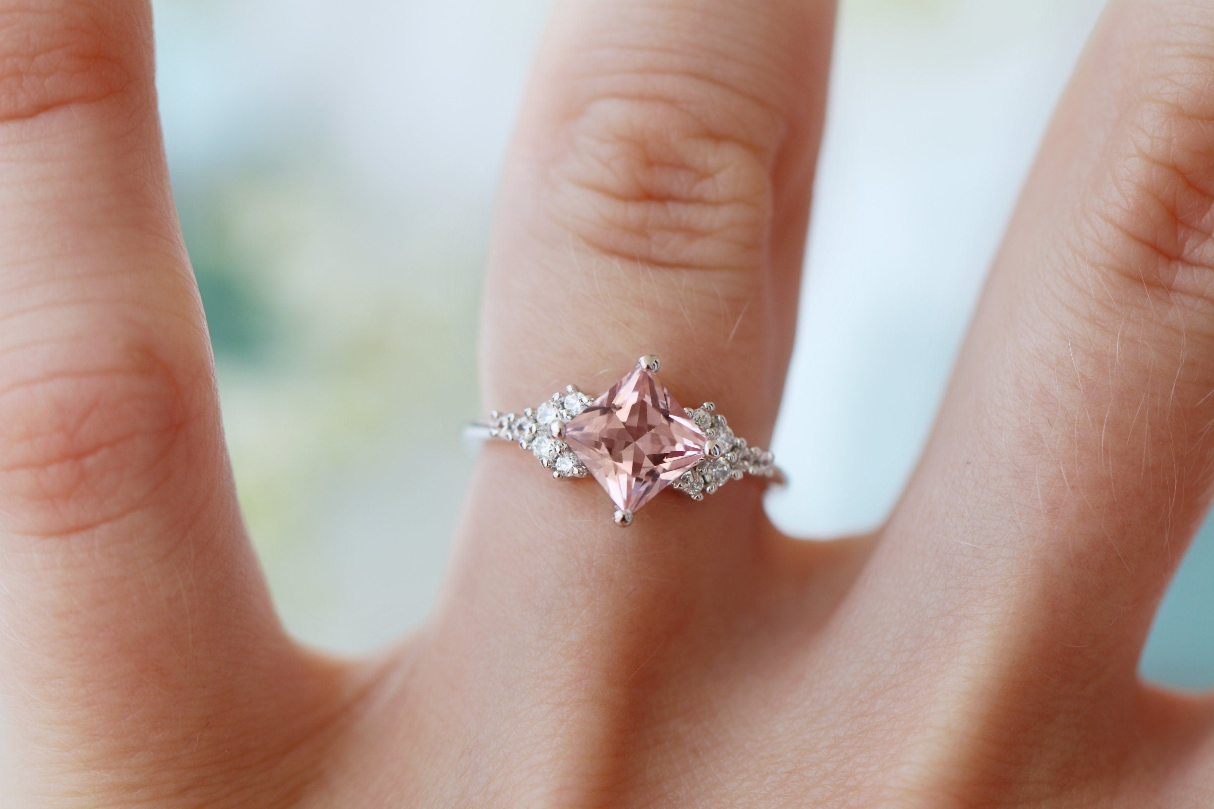 Ellie Morganite Ring Sterling Silver - Elegant Rose Gold Plated Jewelry for Women, Perfect for Engagement, Wedding, Anniversary & Everyday Wear