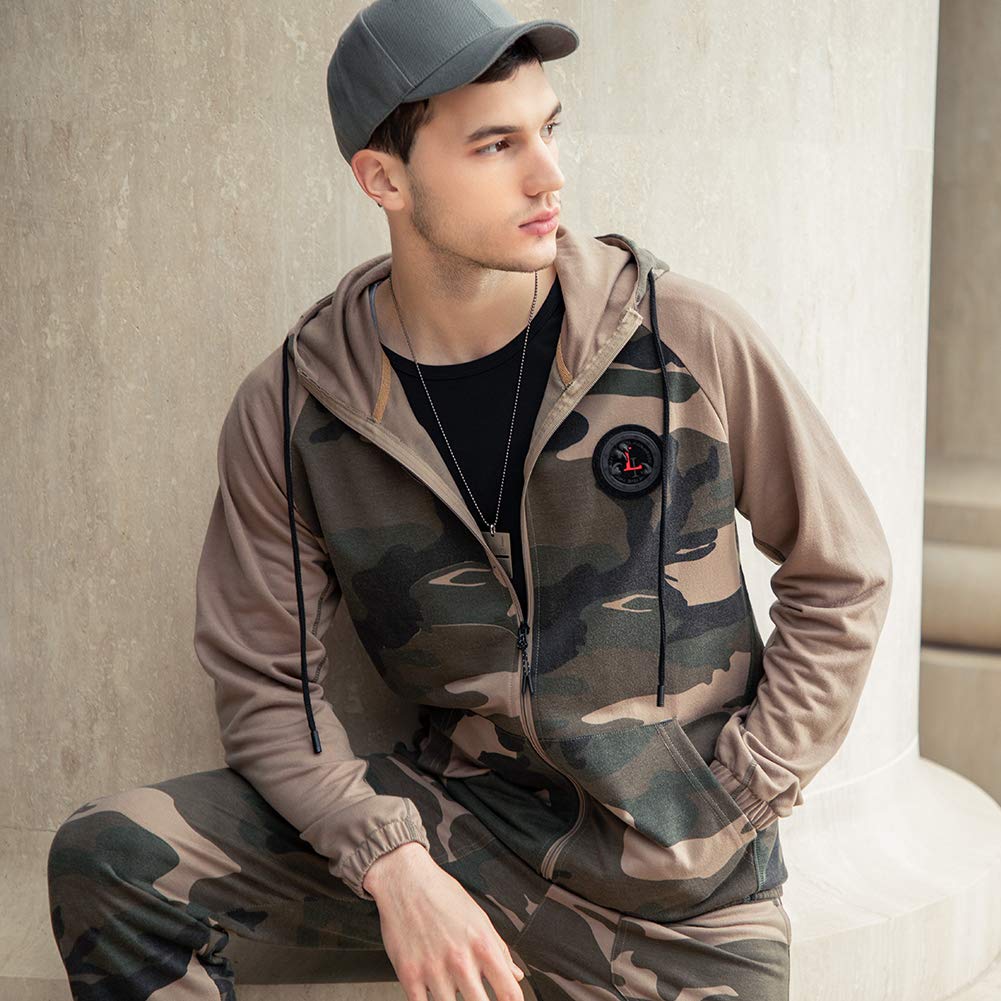 AOTORR Men's 2-Piece Camo Sweatsuit - Casual Hoodie & Jogging Sweatpants Set for Gym, Running, and Streetwear Fashion