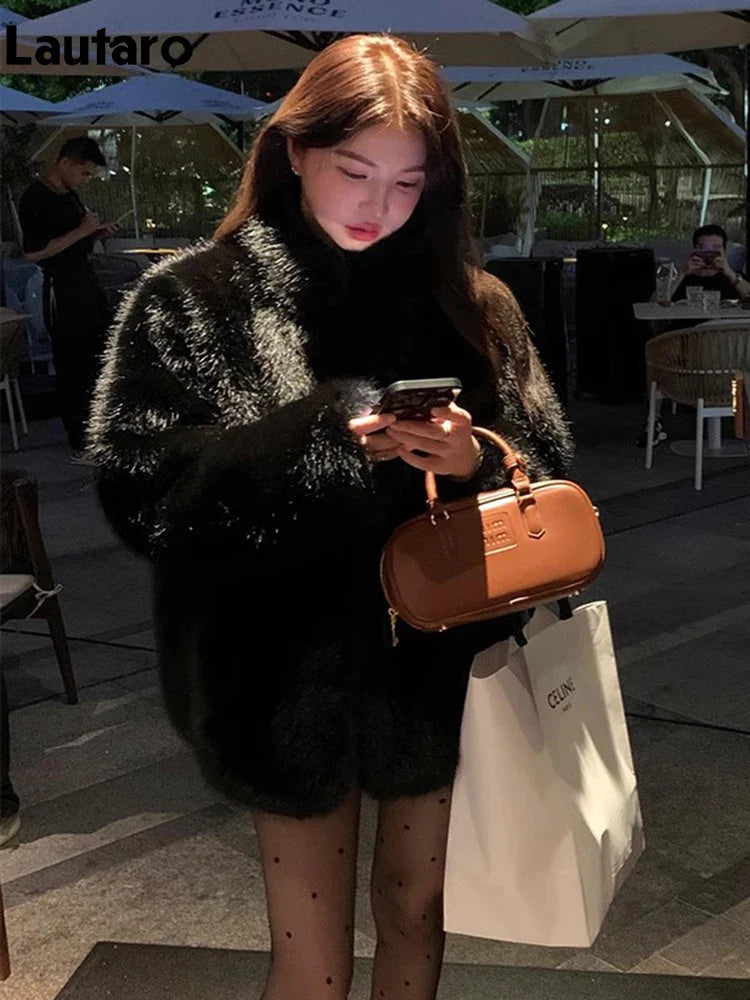 2023 Women's Winter Faux Fox Fur Coat - Soft Thick Warm Shaggy Fluffy Jacket with Stand Collar & Long Sleeves | Perfect for Cold Weather, Outdoor Activities & Fashion Layering