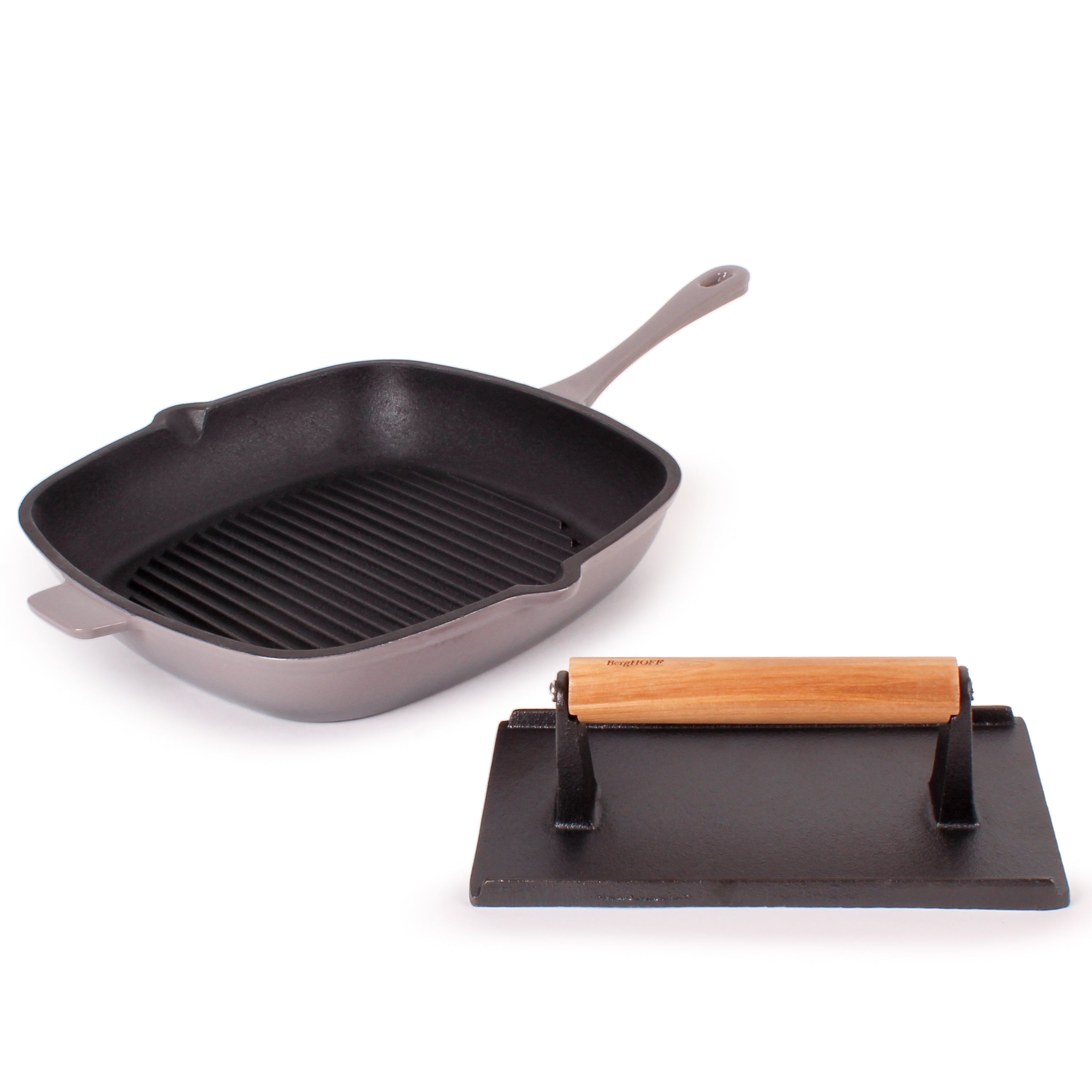 BergHOFF Neo 2-Piece Cast Iron Grill Pan Set with Steak Press - 11 Inch Nonstick Skillet for Steaks, Burgers & Oysters - Perfect for Indoor/Outdoor Grilling, BBQ & Camping Cooking