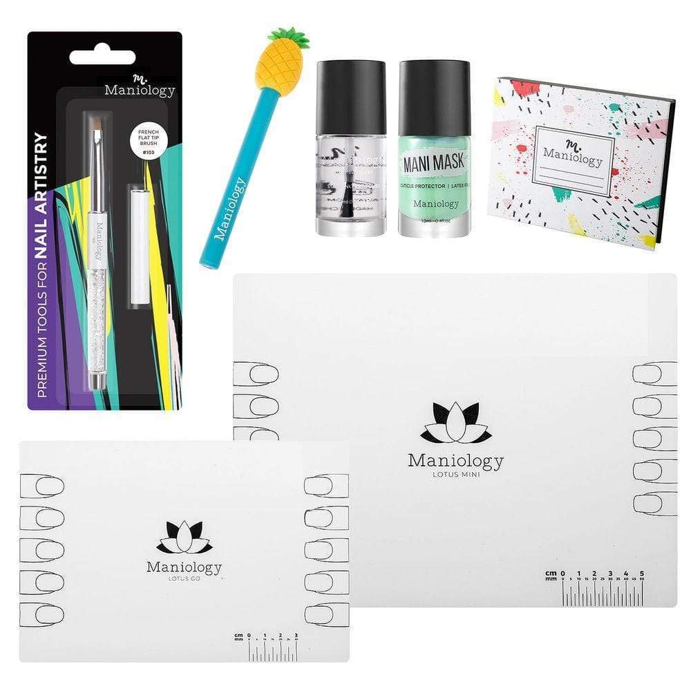 Maniology Essentials Deluxe Nail Stamping Kit - 7-Piece Professional Nail Art Accessories Set (Cuticle Protector, Clean-Up Brush, Cotton Grabber, Sticky Stamper, Top Coat, Silicone Mats) for Salon-Quality Nail Designs at Home | Perfect for DIY Manicures, Nail Art Enthusiasts & Professional Nail Technicians