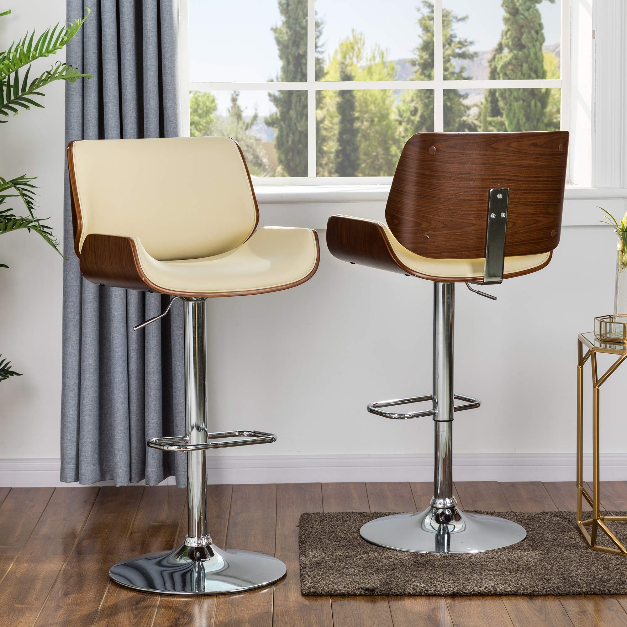 Glitzhome Adjustable Bar Stool Set of 2 - Swivel Mid-Century Modern PU Leather Counter Height Dining Chairs with Back Support - Perfect for Kitchen Island, Breakfast Nook & Home Bar Decor