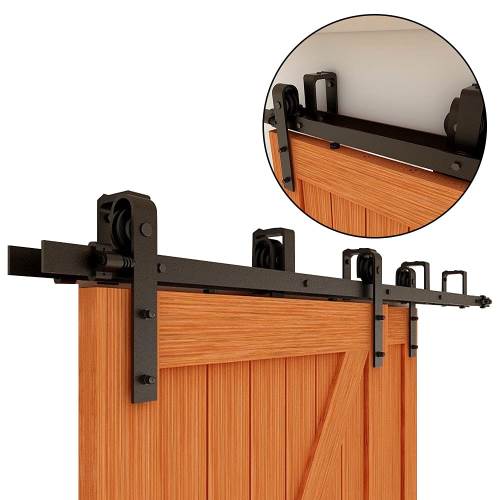 15FT Bypass Sliding Barn Door Hardware Kit for Double Wooden Doors - Smooth & Quiet J-Shape Hanger - Easy Installation - Perfect for Home Offices, Bedrooms, and Rustic Interior Design