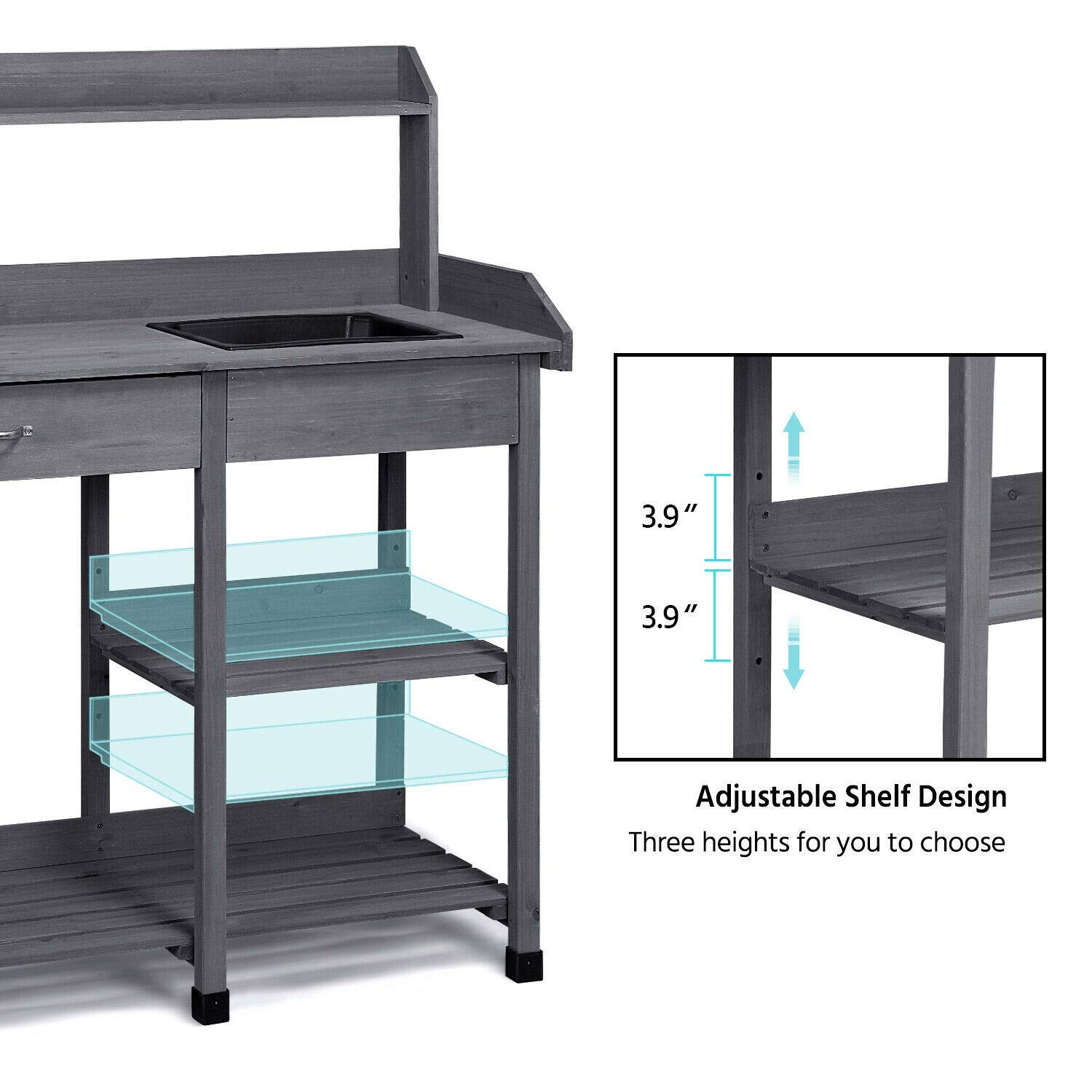 Heavy Duty Potting Bench with Shelf, Sink & Drawer - Sturdy Outdoor Garden Work Table for Planting, Potting & Gardening - Perfect for Backyard, Greenhouse & Patio Use