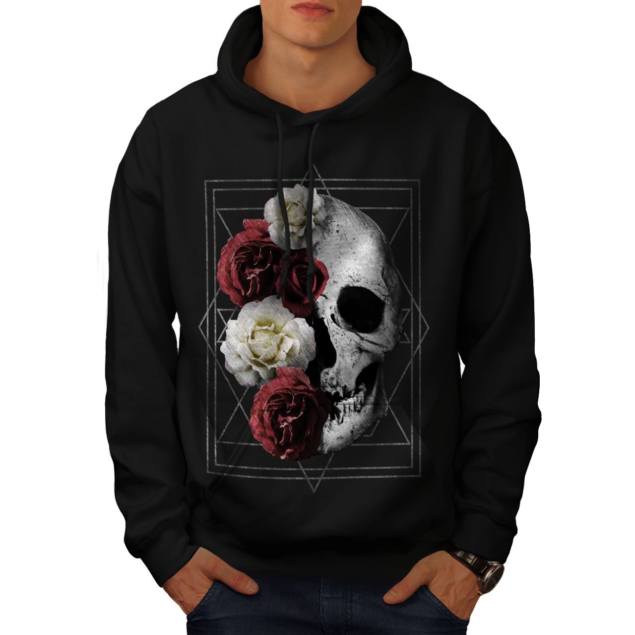 Wellcoda Skull Rose Flowers Men's Hoodie - Gothic Devil Print Pullover Sweatshirt for Casual Wear, Street Style & Halloween Costume