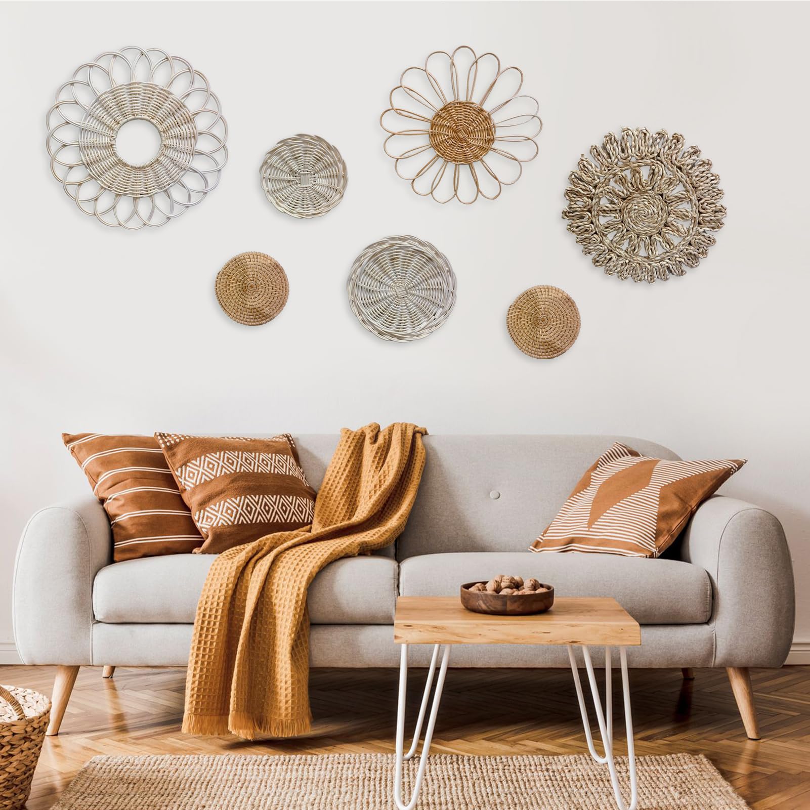 Boho Wall Basket Set of 7 - Natural Seagrass Rattan Wicker Wall Decor for Farmhouse & Boho Style - Handwoven Wall Art for Living Room, Bedroom, Bathroom Decor - Perfect for Home, Office, Wedding & Rustic Decorations