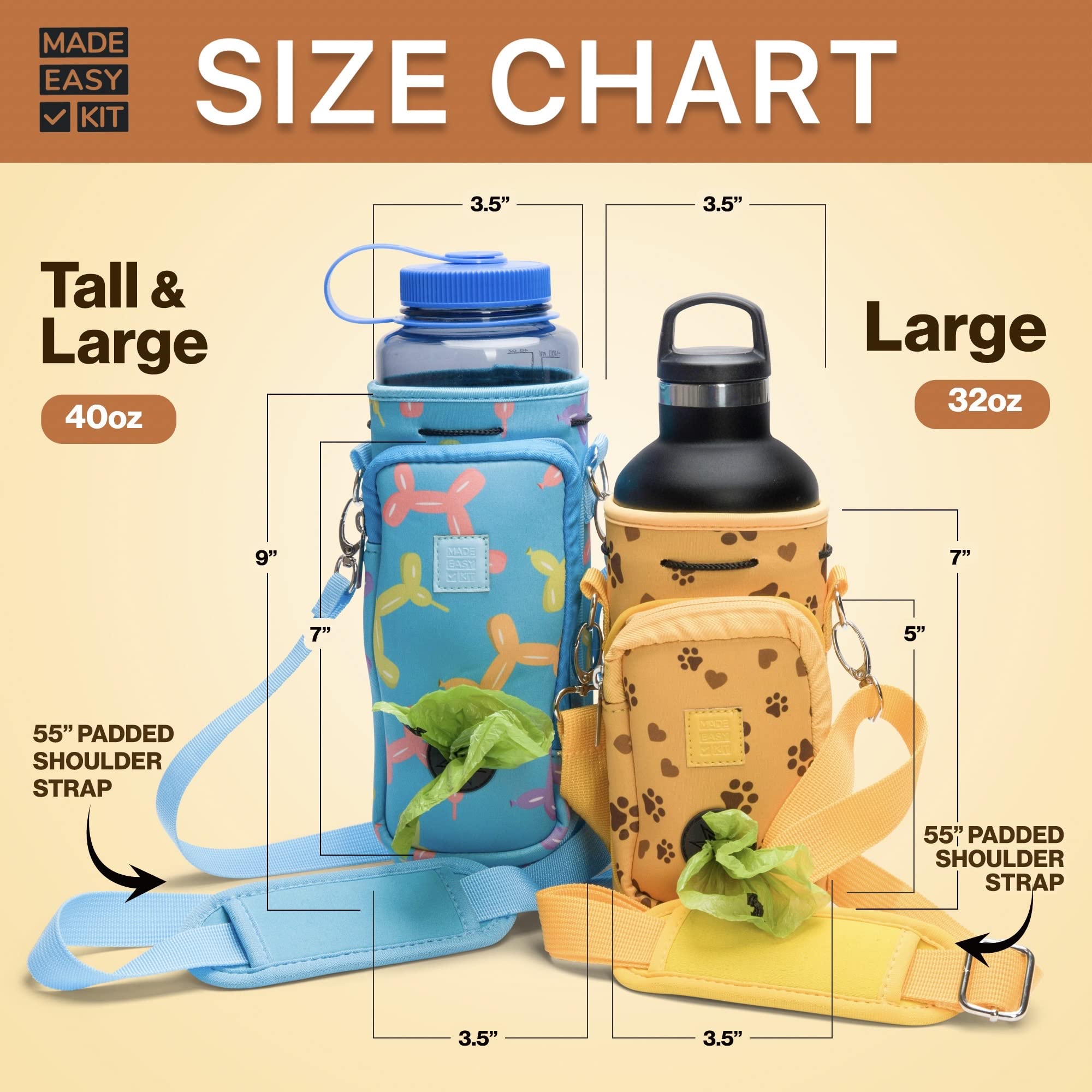 **Premium Adjustable Padded Shoulder Strap Water Bottle Carrier with Pocket for Dog Waste Bags – Tall & Large (40oz) Includes Bowl – Perfect for Hiking, Dog Walks & Outdoor Adventures (Brown, Dog Lover Gift)**